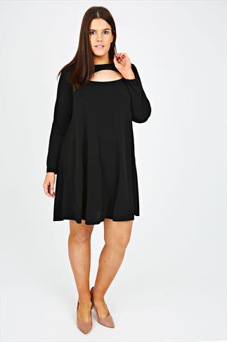 Black High Neck Swing Dress With Lace Long Sleeves plus Size 14 to 32