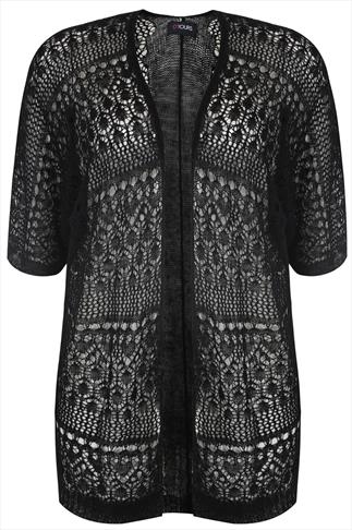 Black Crochet Lace Short Sleeved Cardigan Plus Size 14 to 36