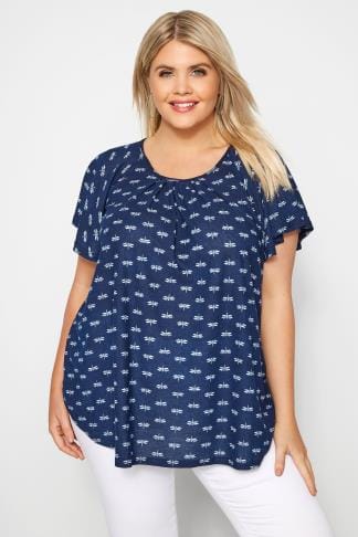 Navy Lace Front Stretch Jersey Top With Scalloped Hem 