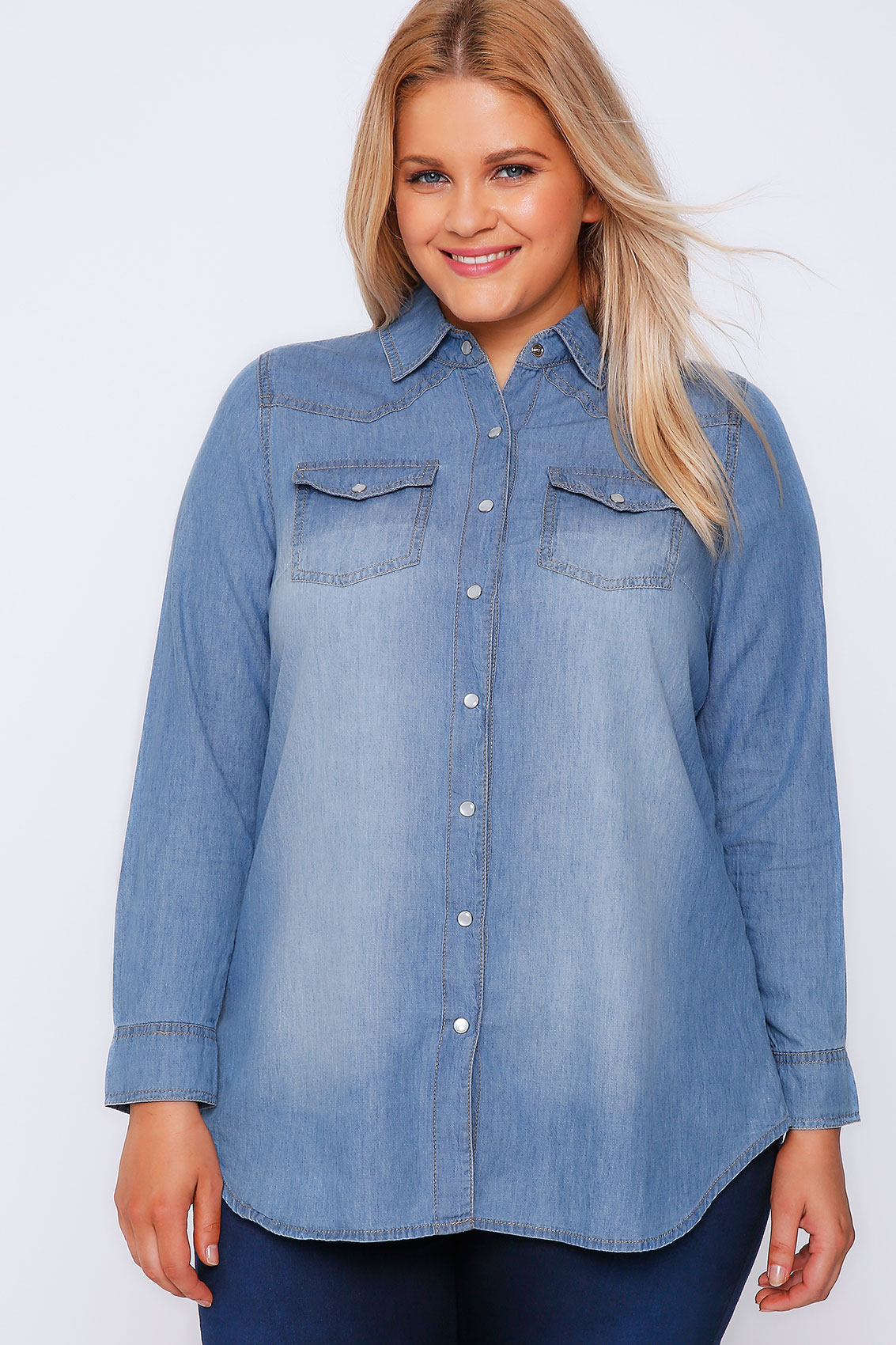Light Blue Denim Long Sleeved Shirt With Pockets Plus Size 16 to 36