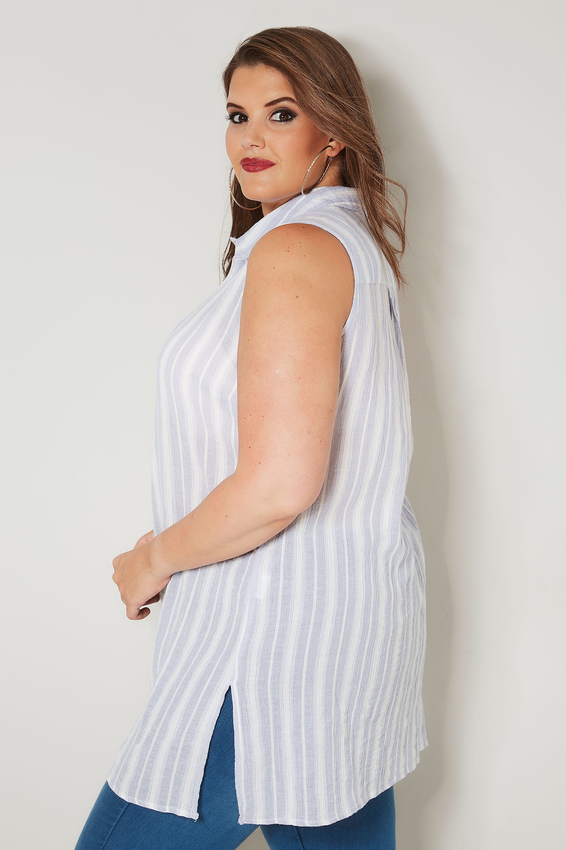 Light Blue Striped Sleeveless Shirt, plus size 16 to 32