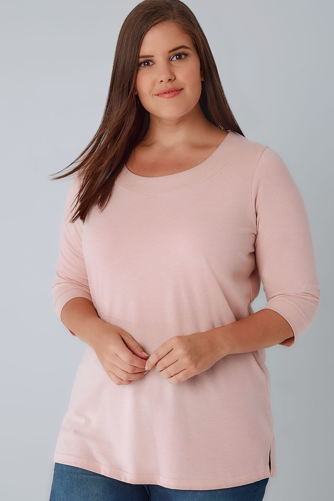 Light Pink Band Scoop Neckline T-Shirt With 3/4 Sleeves, Plus size 16 to 36