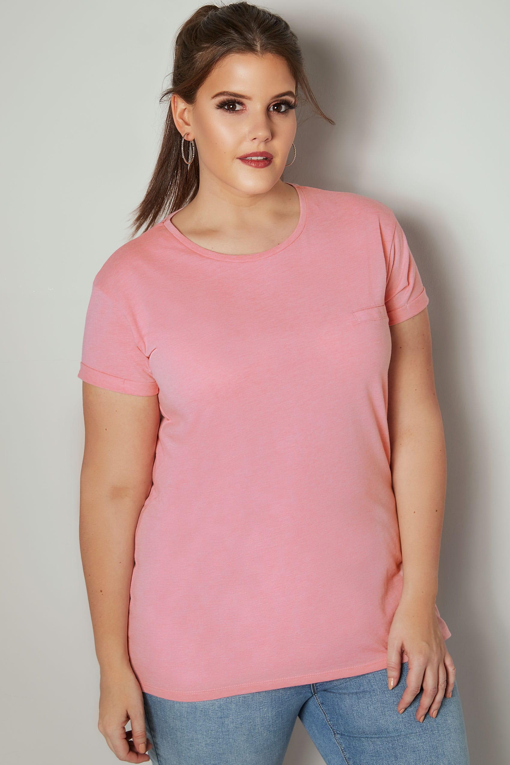 Pink Pocket T-Shirt With Curved Hem, Plus size 16 to 36