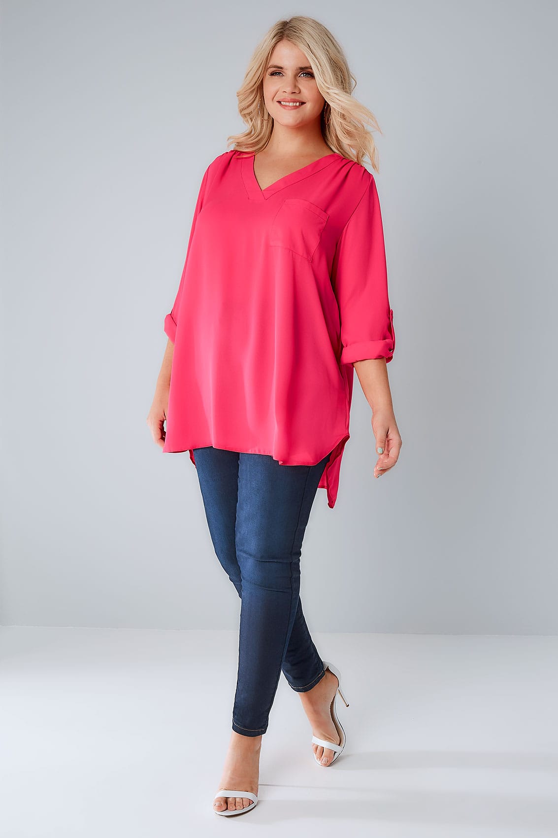 Magenta Pink Woven V-Neck Blouse With Pocket, Plus size 16 to 32