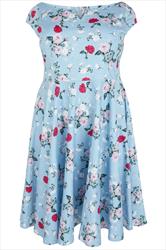 HELL BUNNY Blue & Pink Floral Print 50s Midi Dress Plus size 16,18,20,22,24