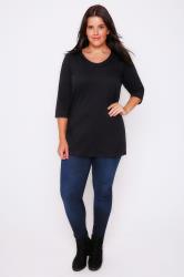 Black Scoop Neckline Basic T-Shirt With 3/4 Sleeves plus Size 16 to 32