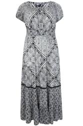 Black Mono Tile Print Gypsy Maxi Dress Plus Size 14 to 36