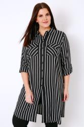 Black & White Stripe Longline Button-Up Shirt With Pockets plus size 16