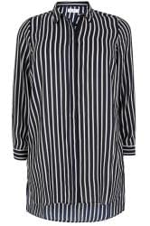 Navy & White Striped Longline Shirt With Step Hem, Plus size 16 to 32
