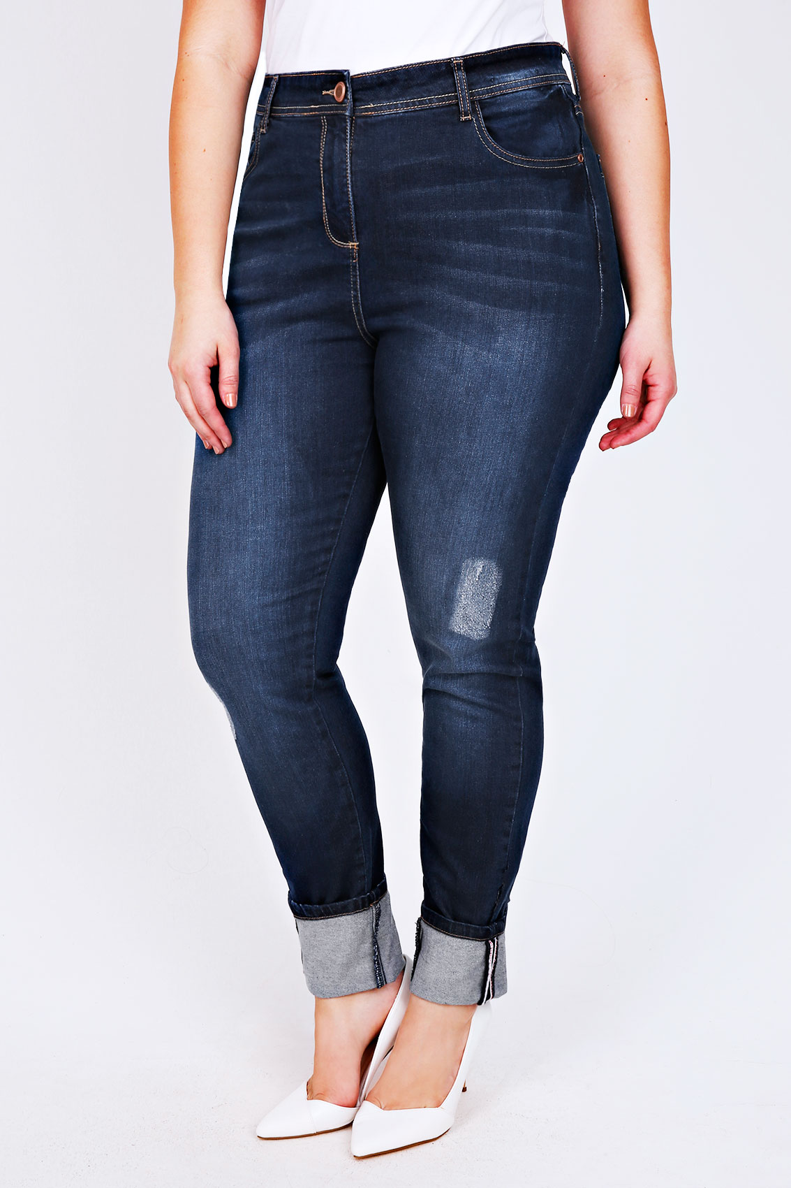 Mid Blue Distressed Denim Straight Leg Jea