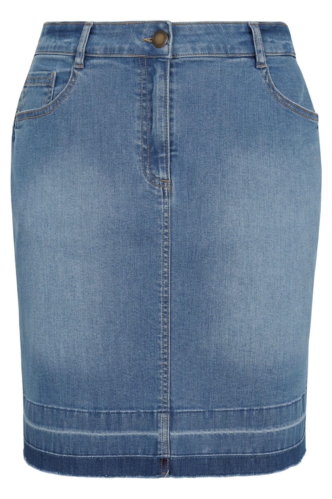 Mid Blue Faded 5 Pocket Denim Skirt With Raw Hem plus size 16 to 30