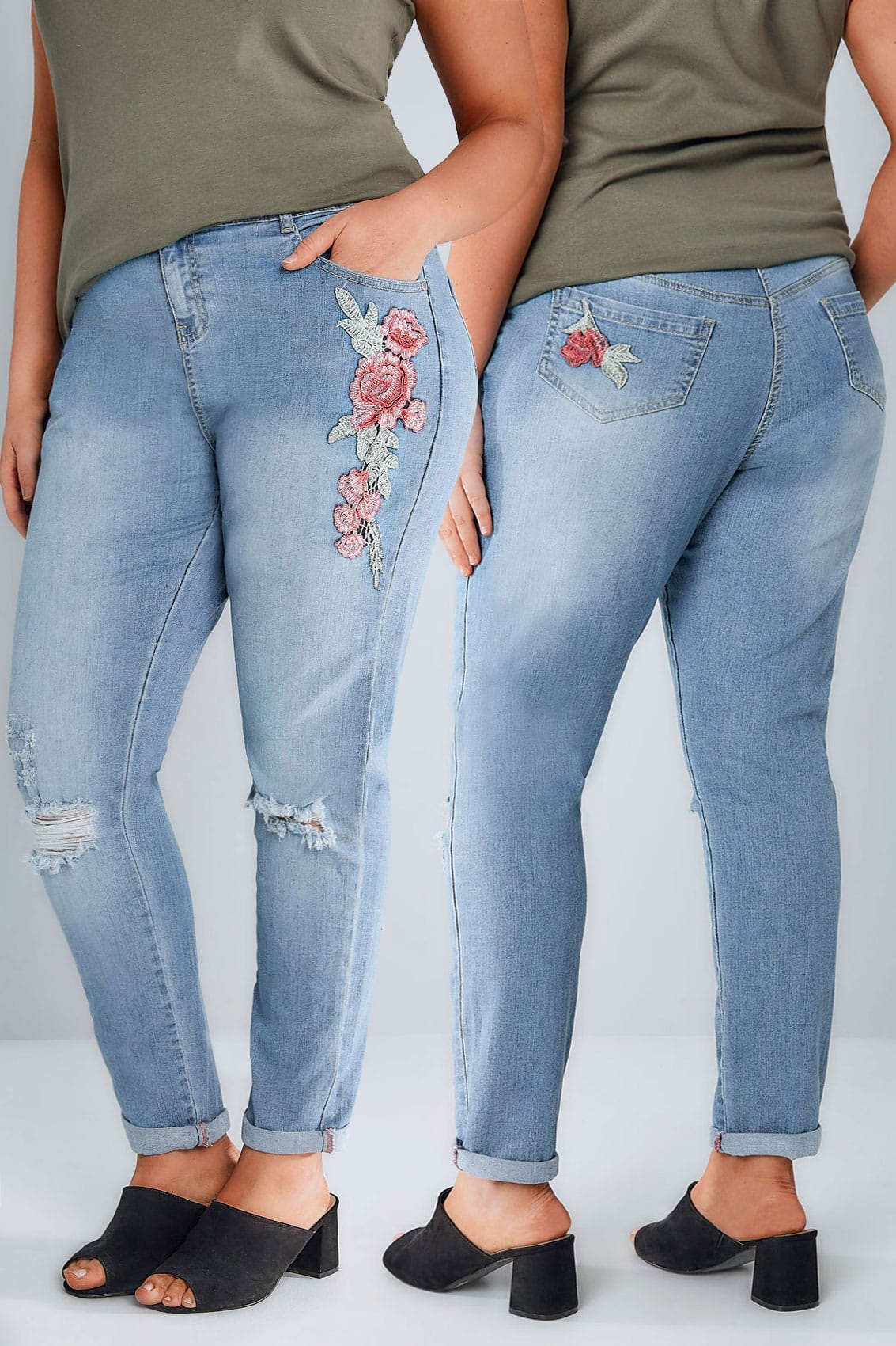 Mid Blue Floral Embroidered Ripped Boyfriend Jeans plus size 16 to 32