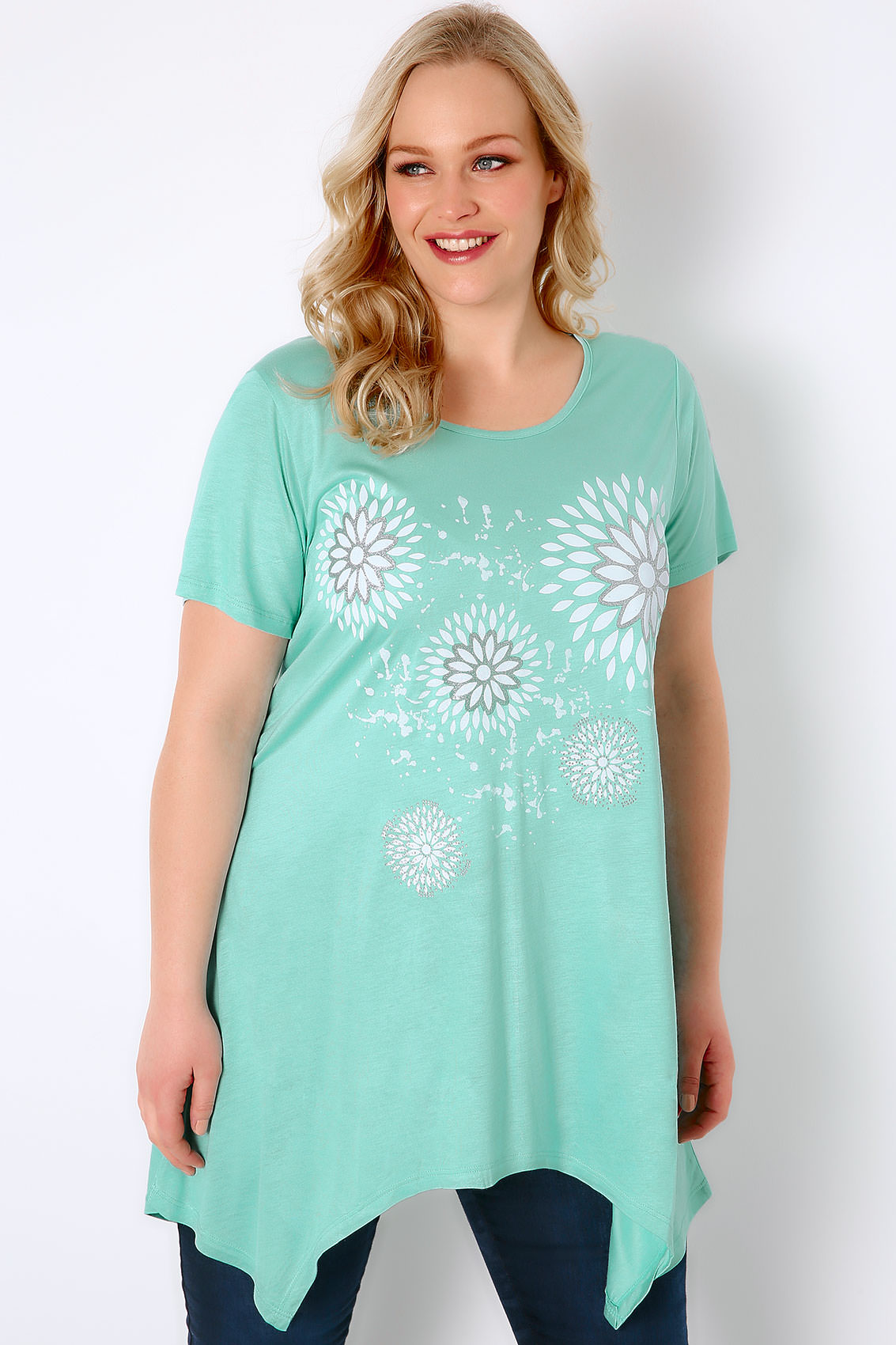 Mint Green & White Floral Print Jersey Top With Glitter Detail & Hanky ...