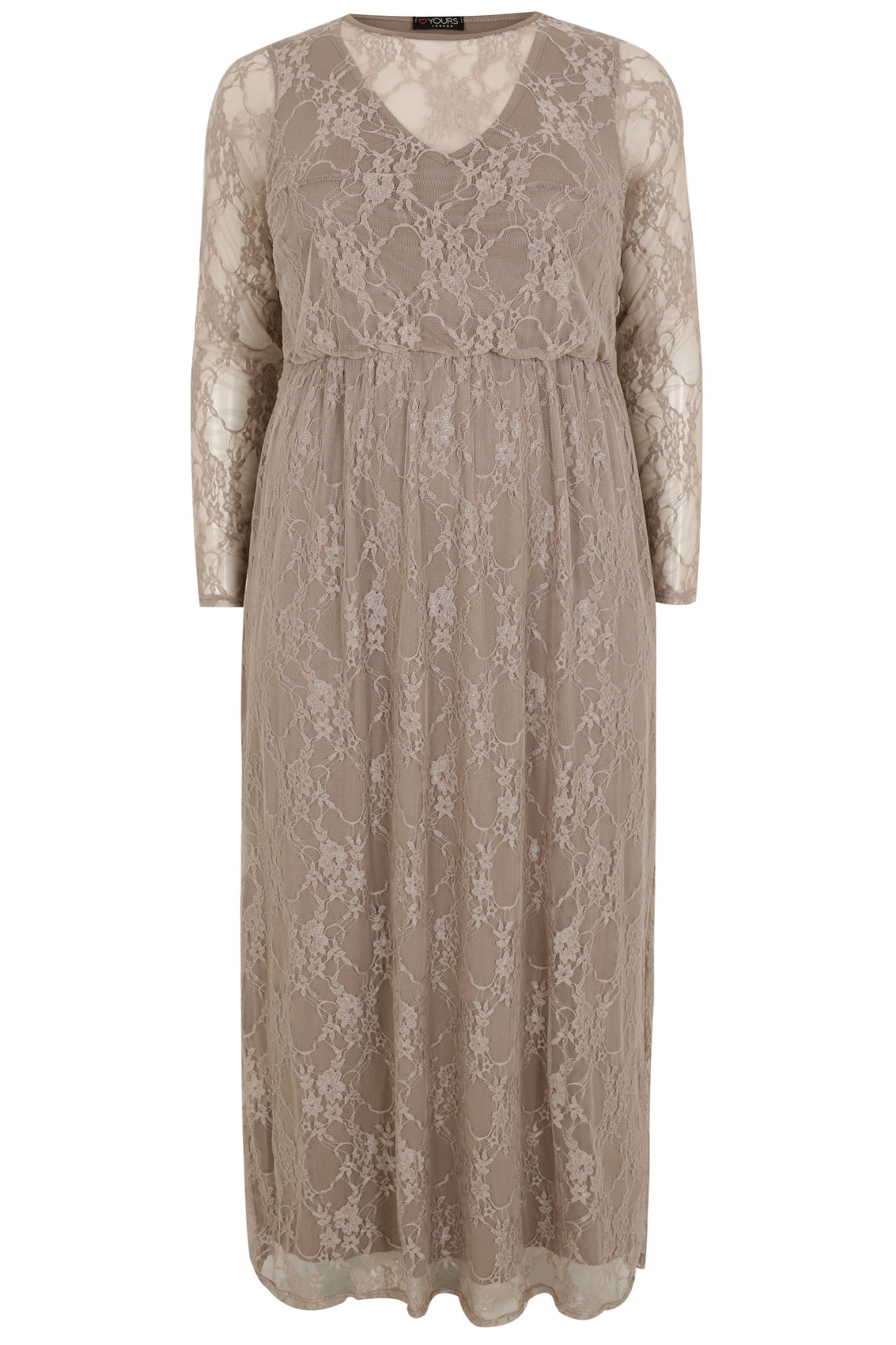 Yours London Mocha Brown Lace Overlay Maxi Dress With Elasticated Waist Plus Size 16 To 32