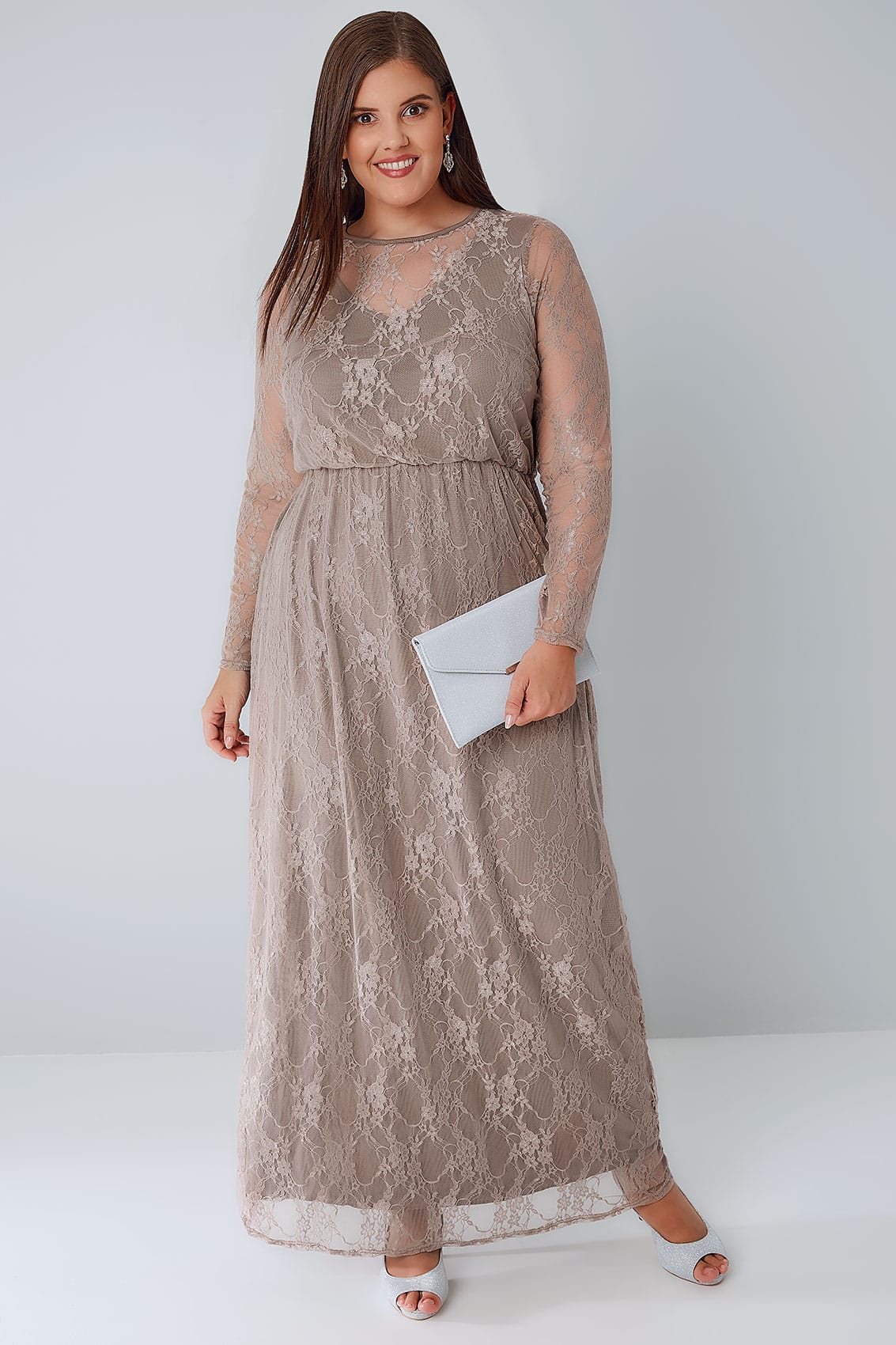 YOURS LONDON Mocha Brown Lace Overlay Maxi Dress With Elasticated Waist ...