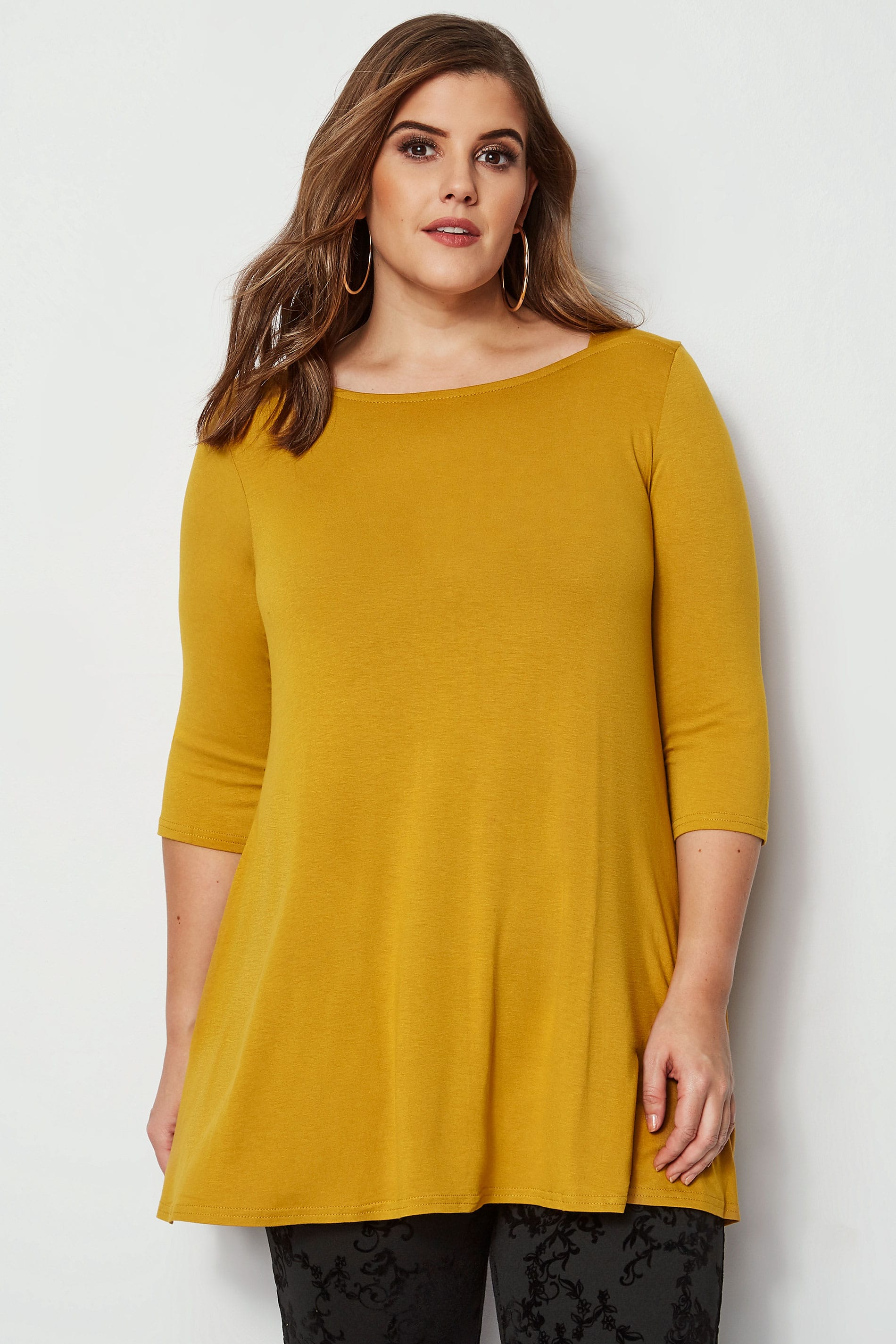 Mustard Longline Top With Envelope Neckline, Plus size 16 to 36