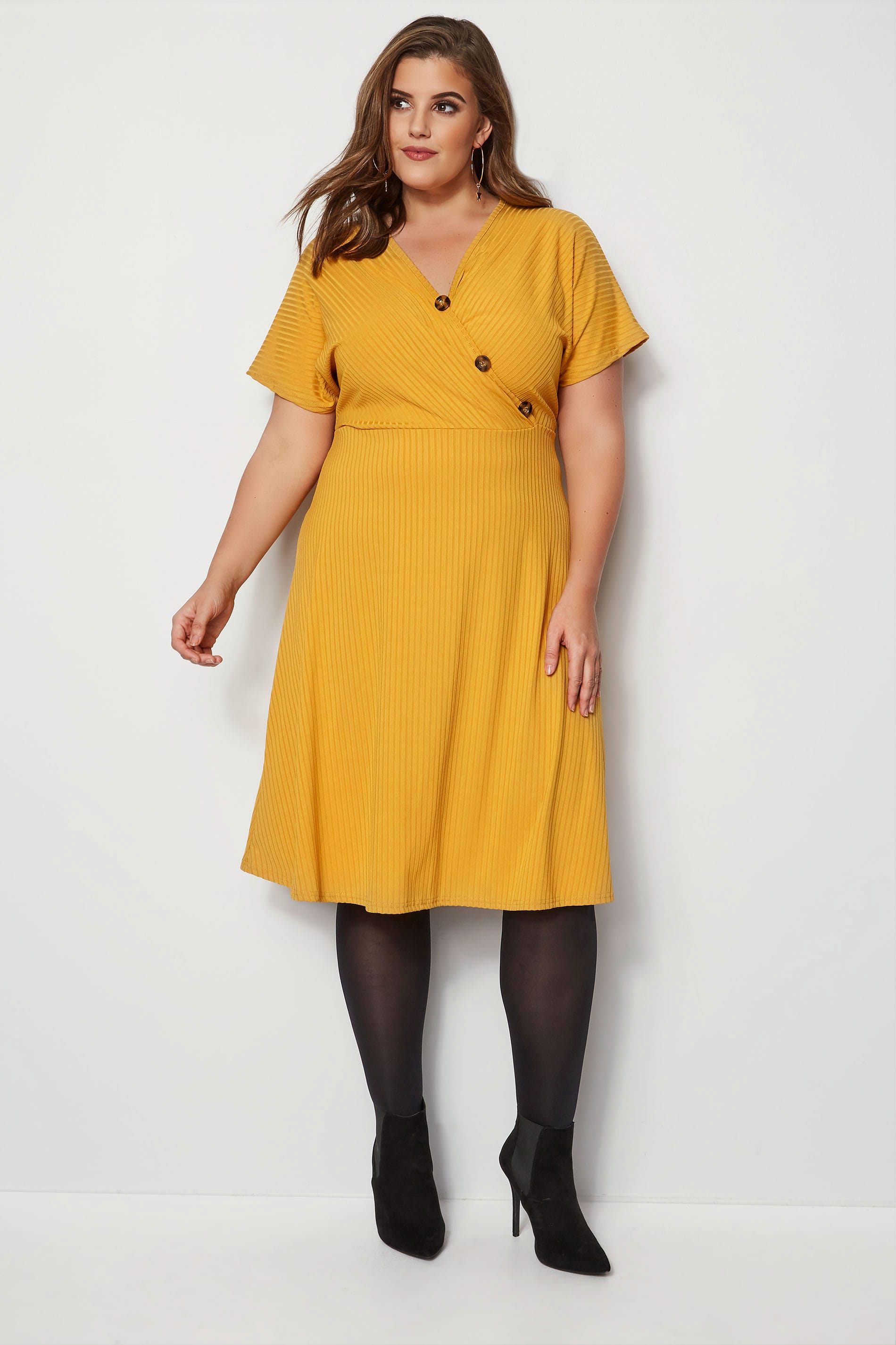 Mustard Ribbed Wrap Front Dress, Plus size 16 to 36