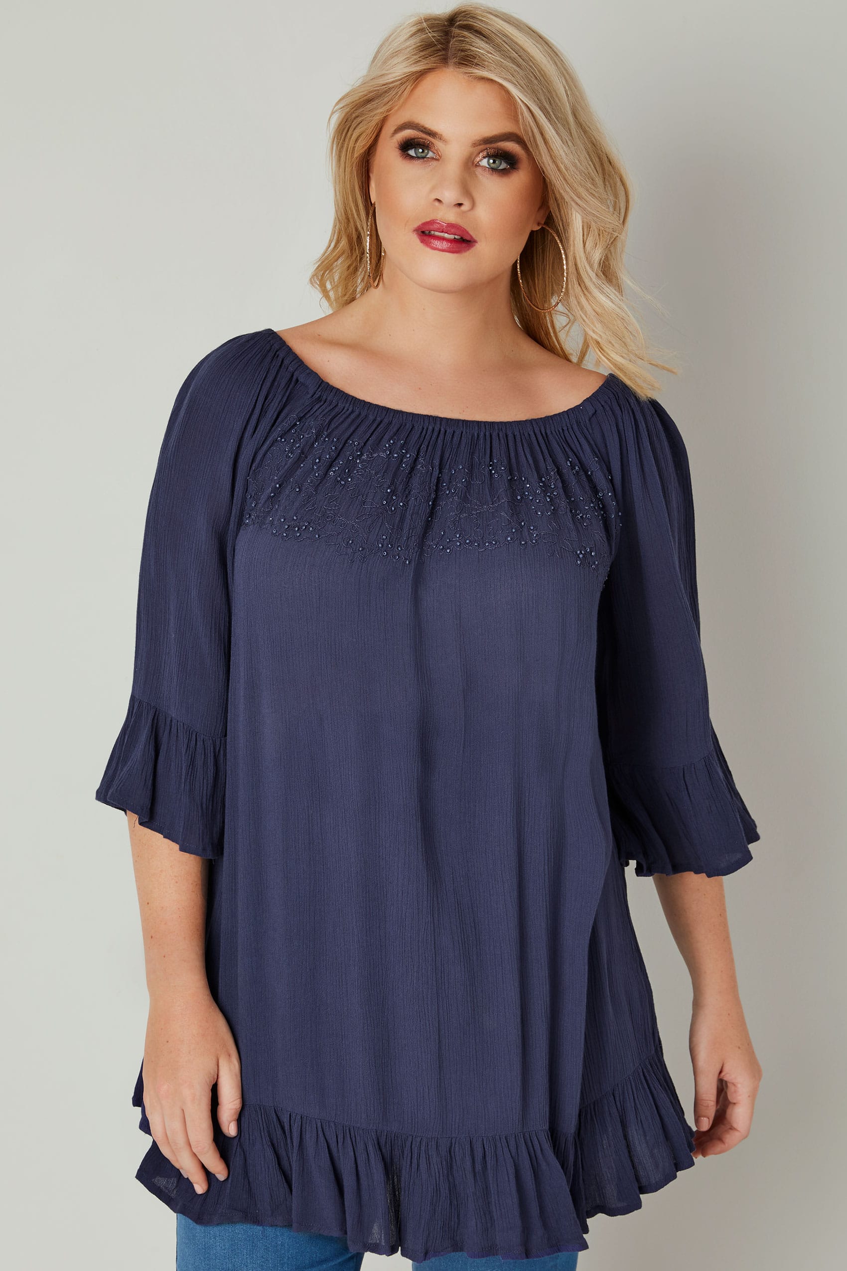 Navy Bardot Gypsy Top With Beaded Details & Flute Sleeves, Plus size 16 ...
