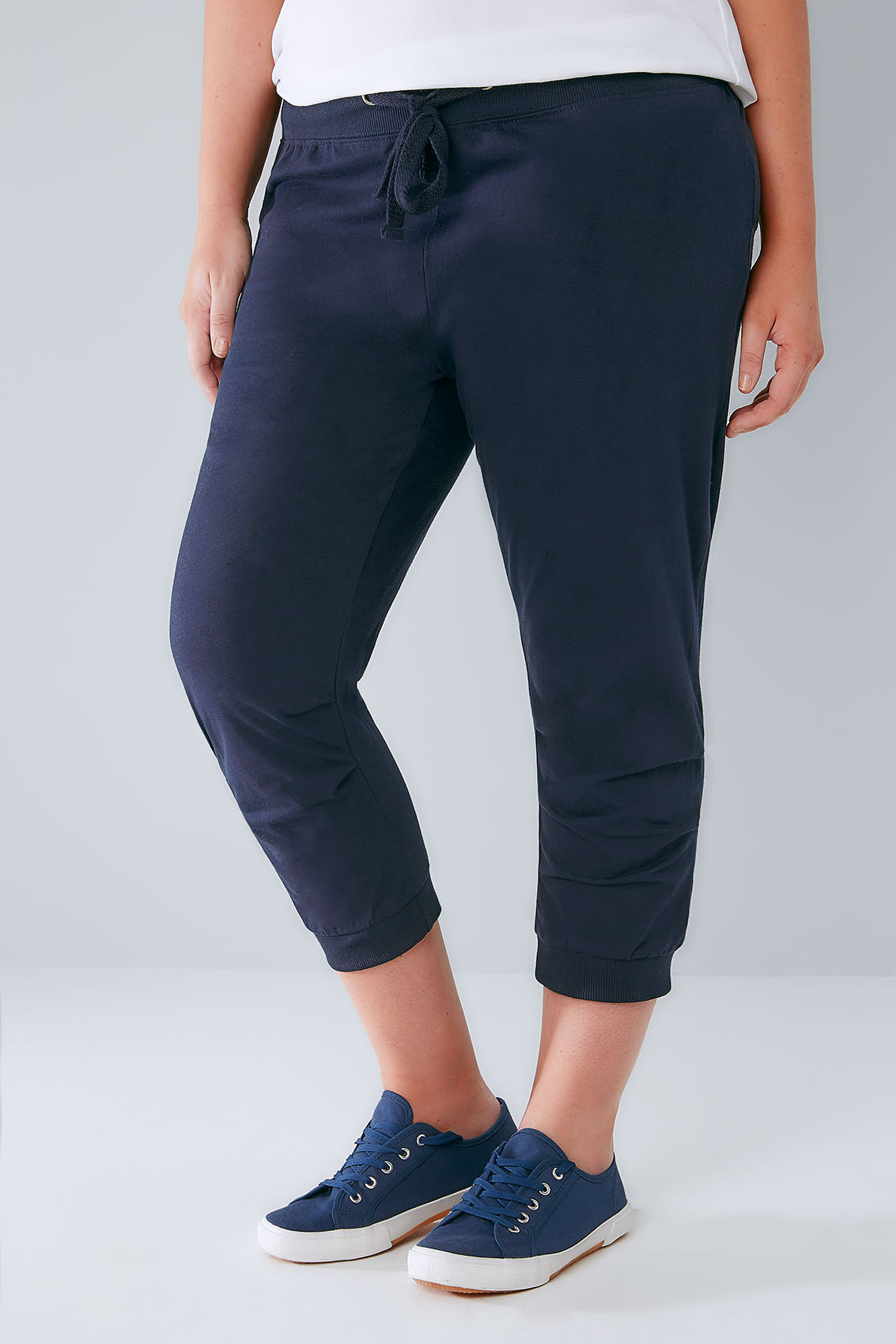 Navy Basic Cotton Jersey Cropped Joggers With Fold Detail plus size 16 to 36