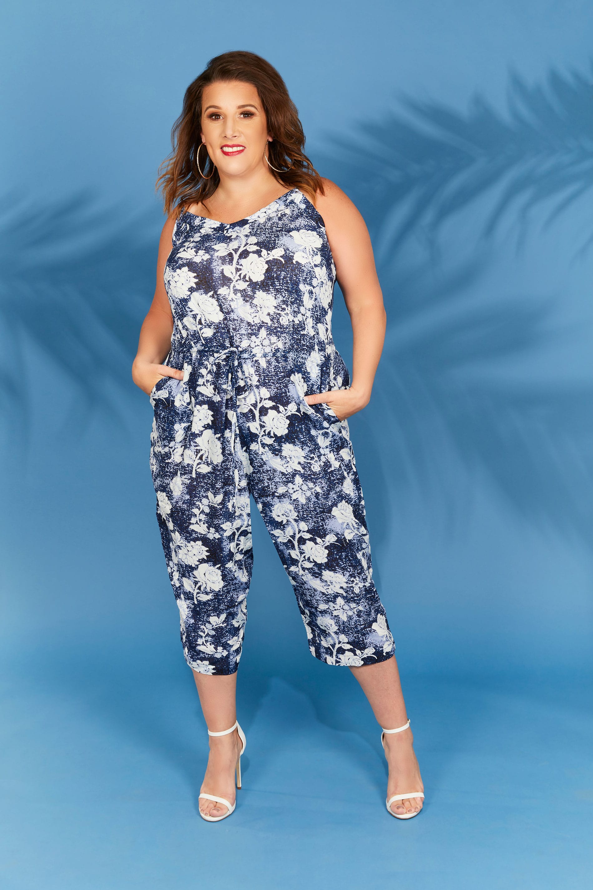 Navy Blue Floral Print Jumpsuit, plus size 16 to 36