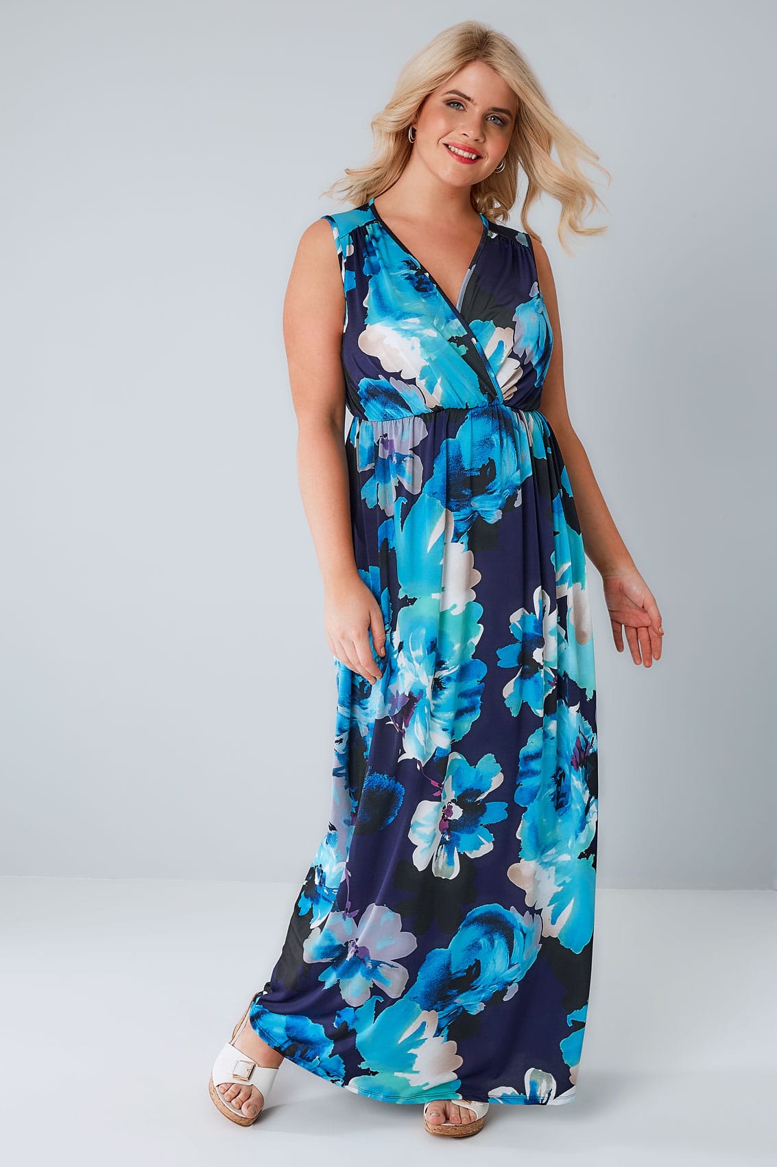 Navy & Blue Floral Slinky Stretch Wrap Over Maxi Dress plus size 16 to 36