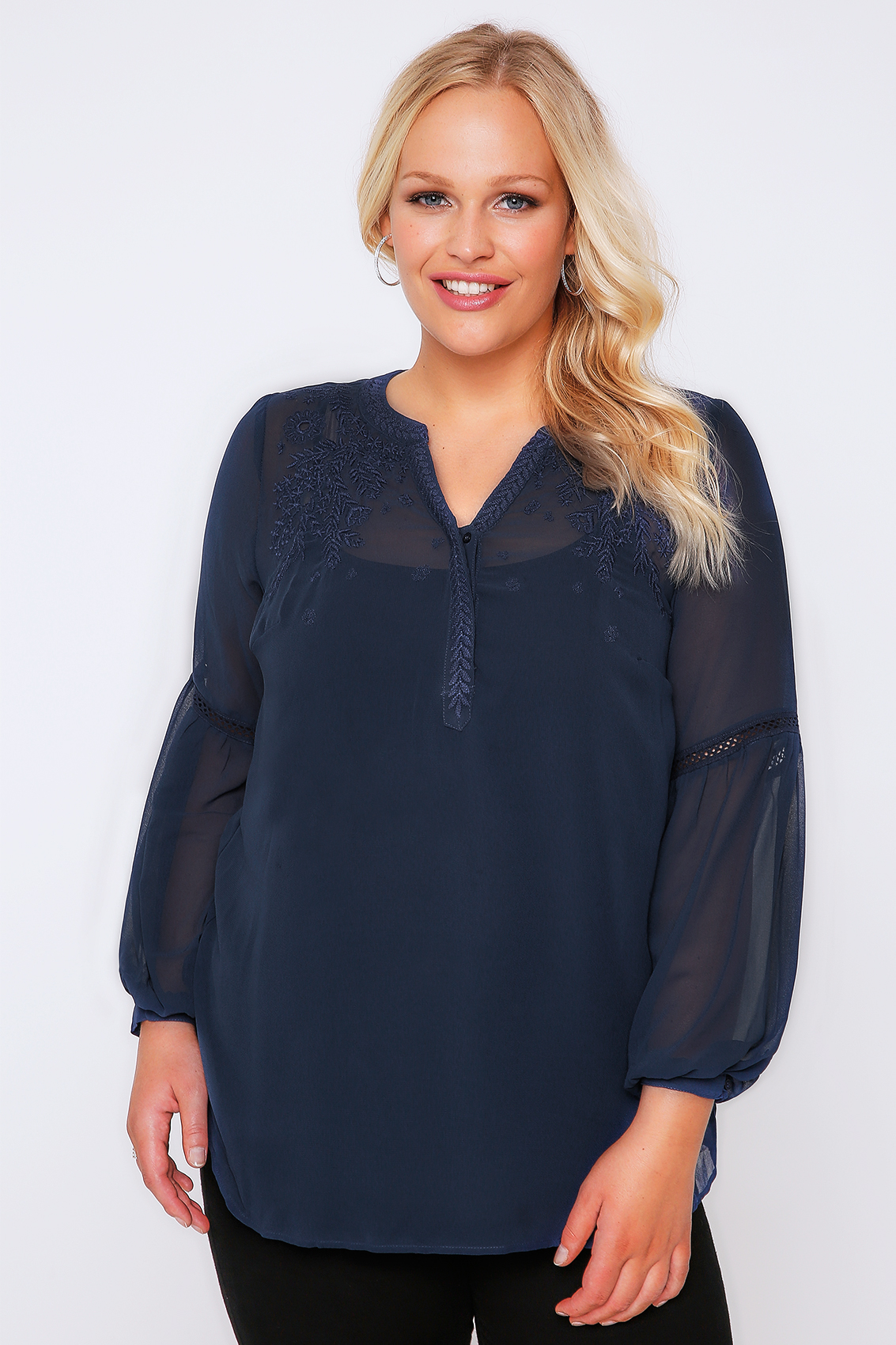 Navy Chiffon Embroidered Blouse With Crochet Detail Bell SleevesPlus ...