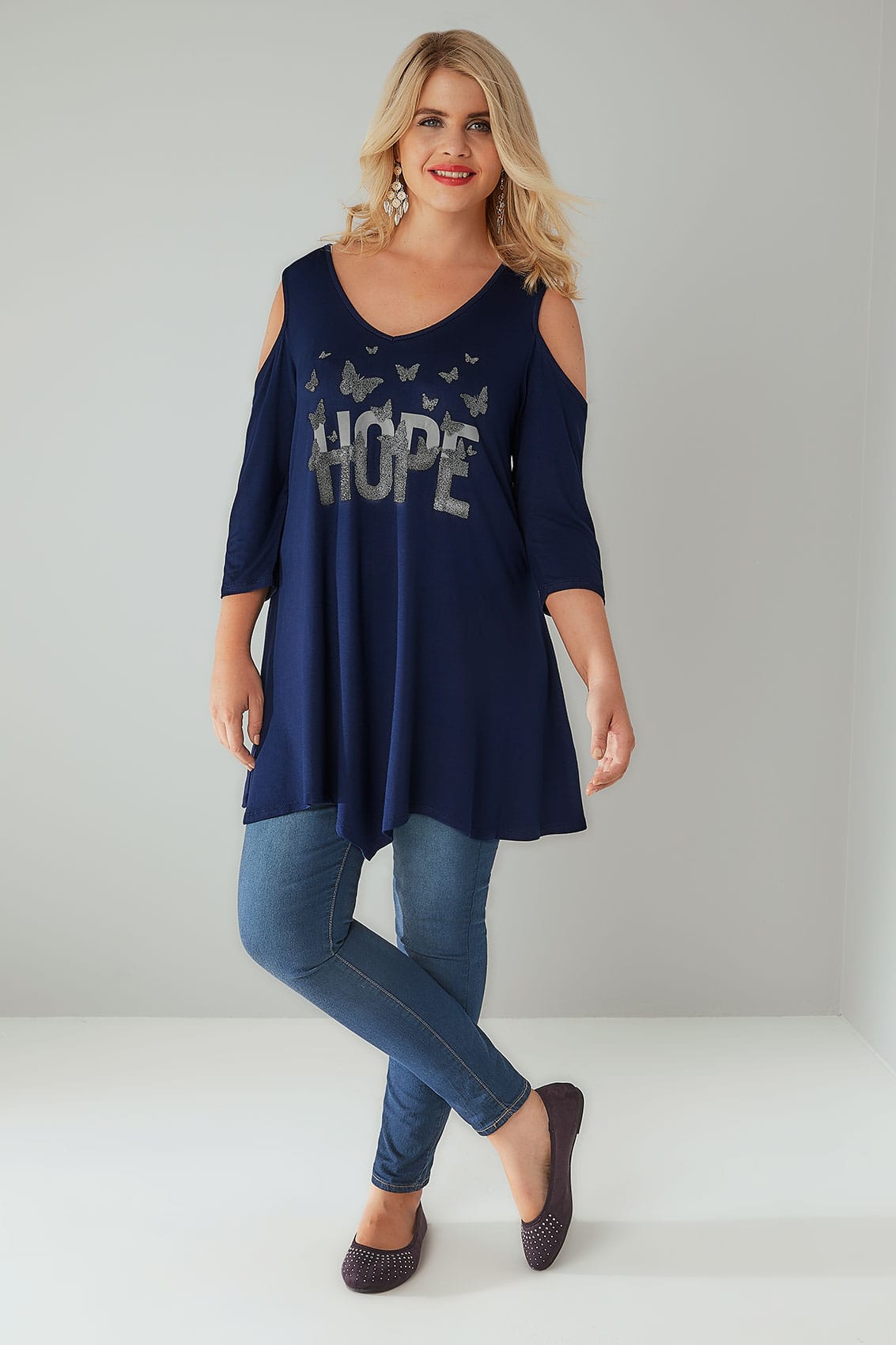 Navy Cold Shoulder 'Hope' Embellished Cold Shoulder Top With Asymmetric ...