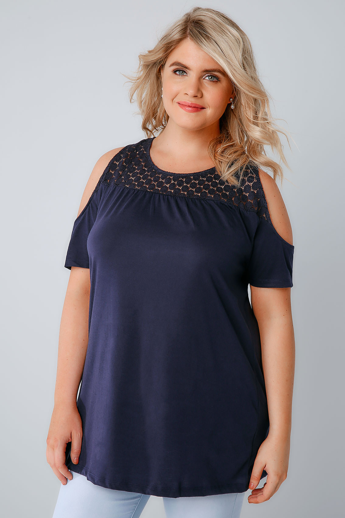 Navy Cold Shoulder Jersey Top With Lace Yoke, Plus size 16 to 36