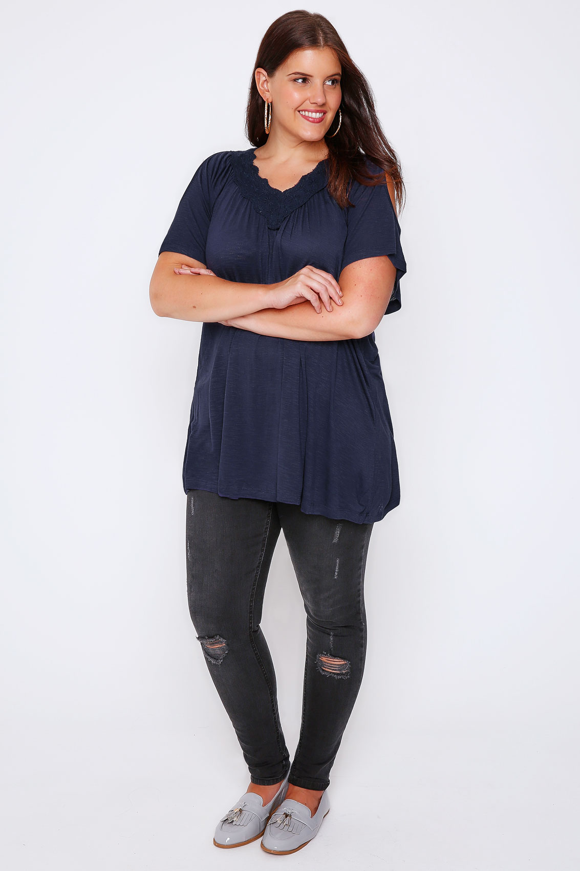 Navy Cold Shoulder Top With Lace V-Neckline Plus Size 16 to 32