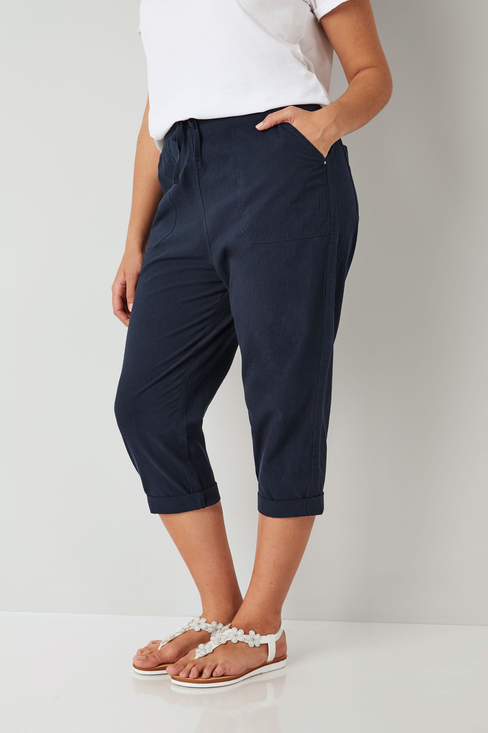 Navy Cool Cotton Cropped Trousers, plus size 16 to 36