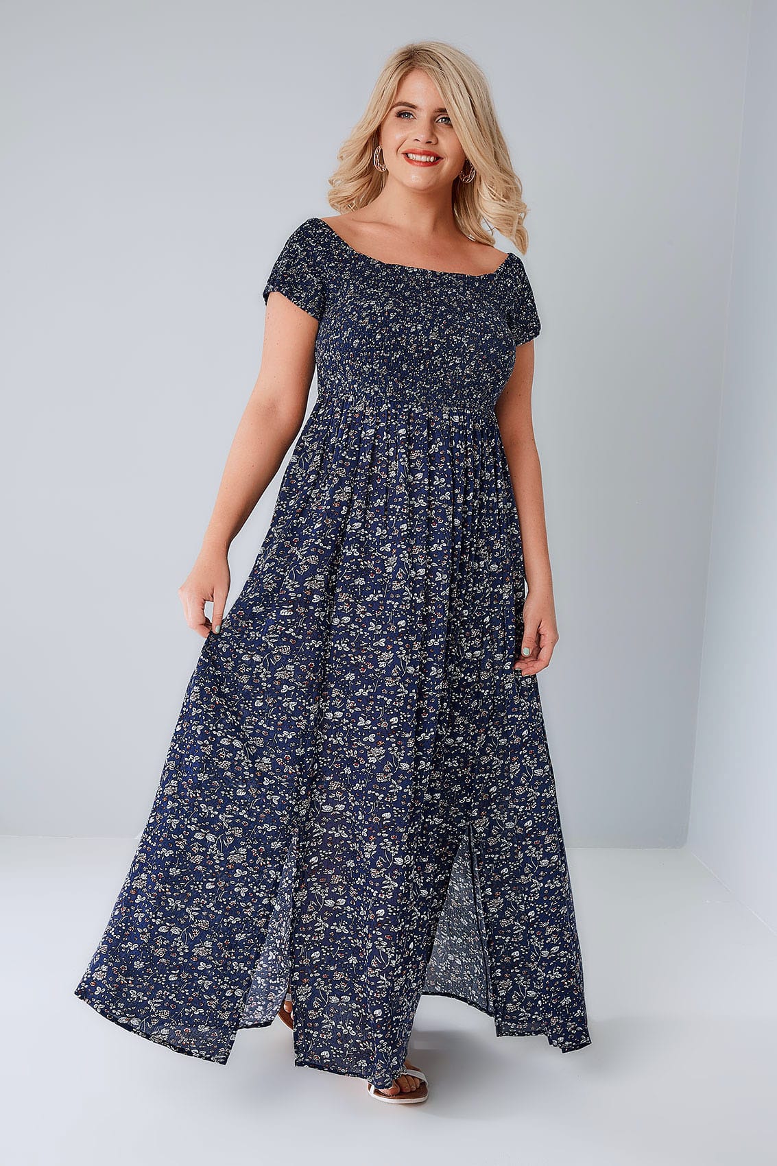 Navy Ditsy Floral Ruched Bardot Maxi Dress With Two Front Splits Plus ...