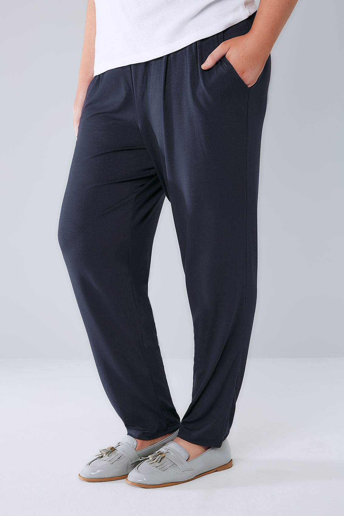 Navy Double Pleat Jersey Harem Trousers, Plus Size 16 To 36-9606