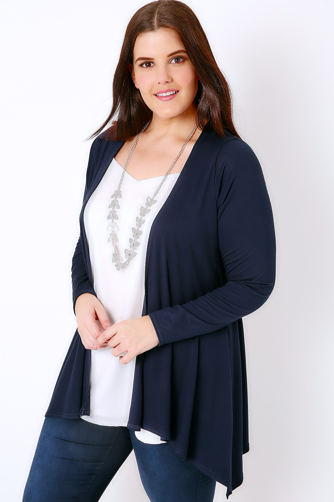 Navy Edge To Edge Waterfall Jersey Cardigan With Lace Panel Plus size ...