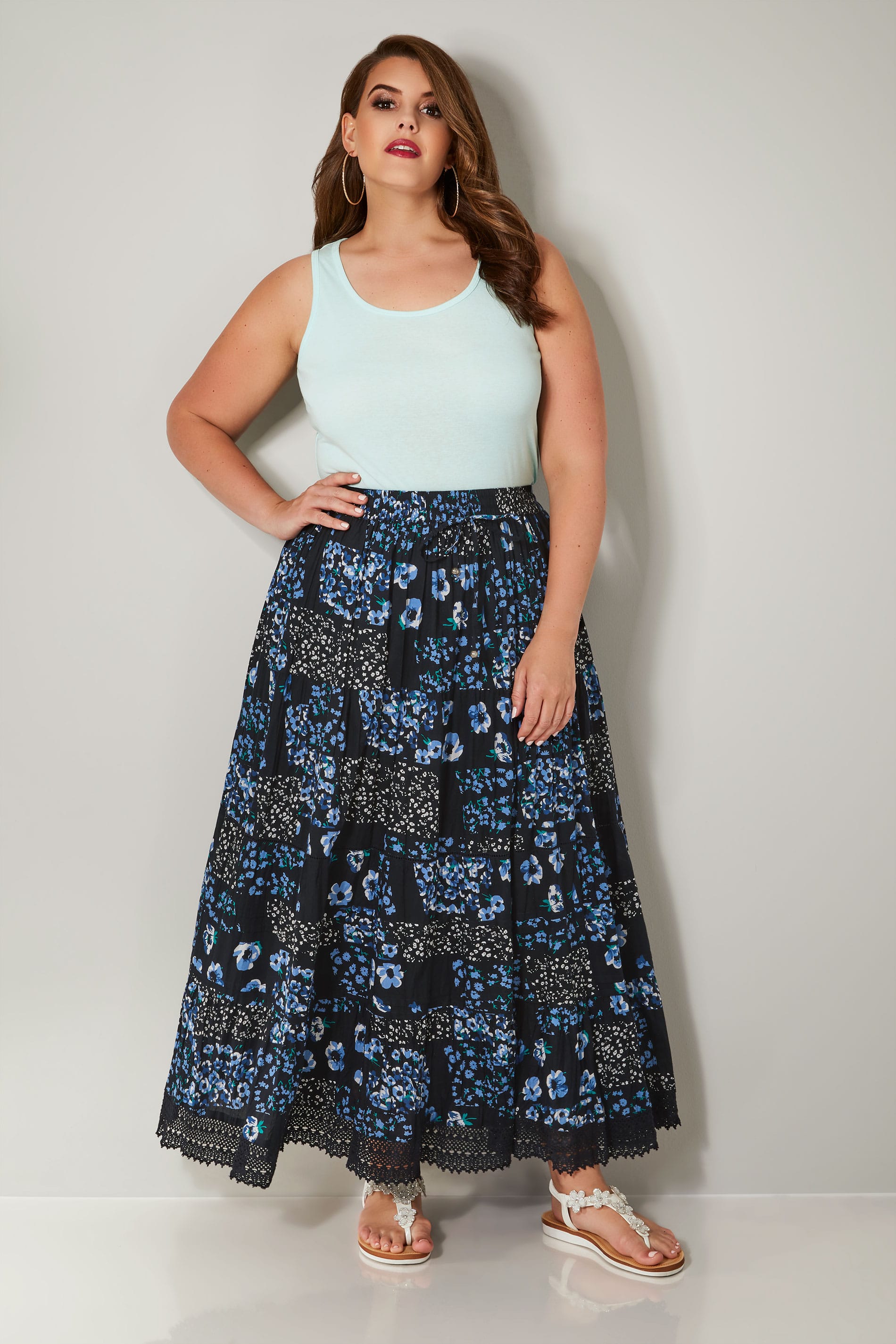 Navy Floral Print Tiered Maxi Skirt With Lace Trim Hem, plus size 16 to 36