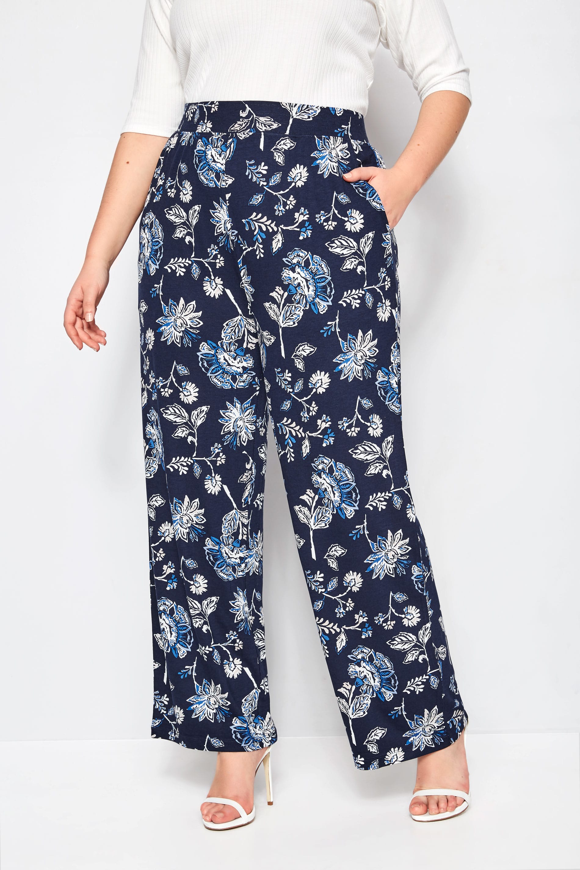 Plus Size Navy Floral Wide Leg Trousers | Sizes 16 to 36 | Yours Clothing