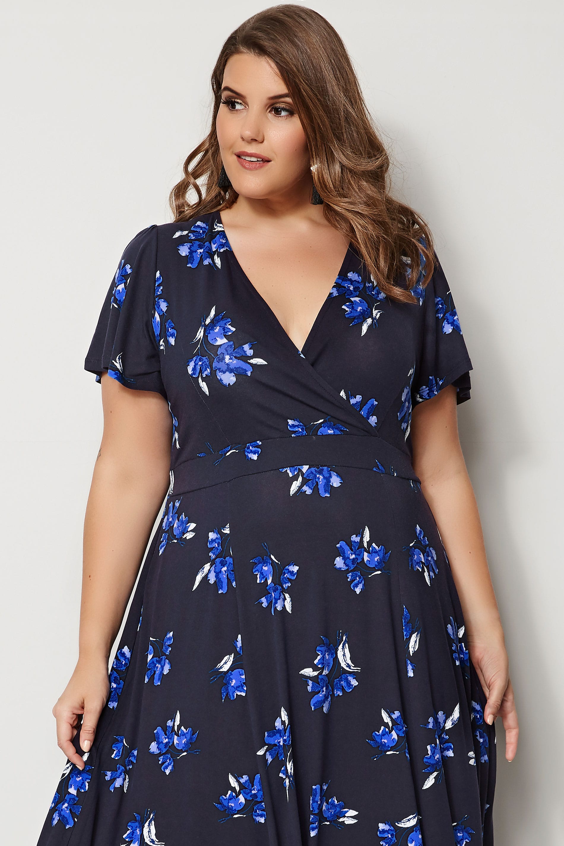 Navy Floral Wrap Over Jersey Midi Dress With Waist Tie, plus size 16 to 36