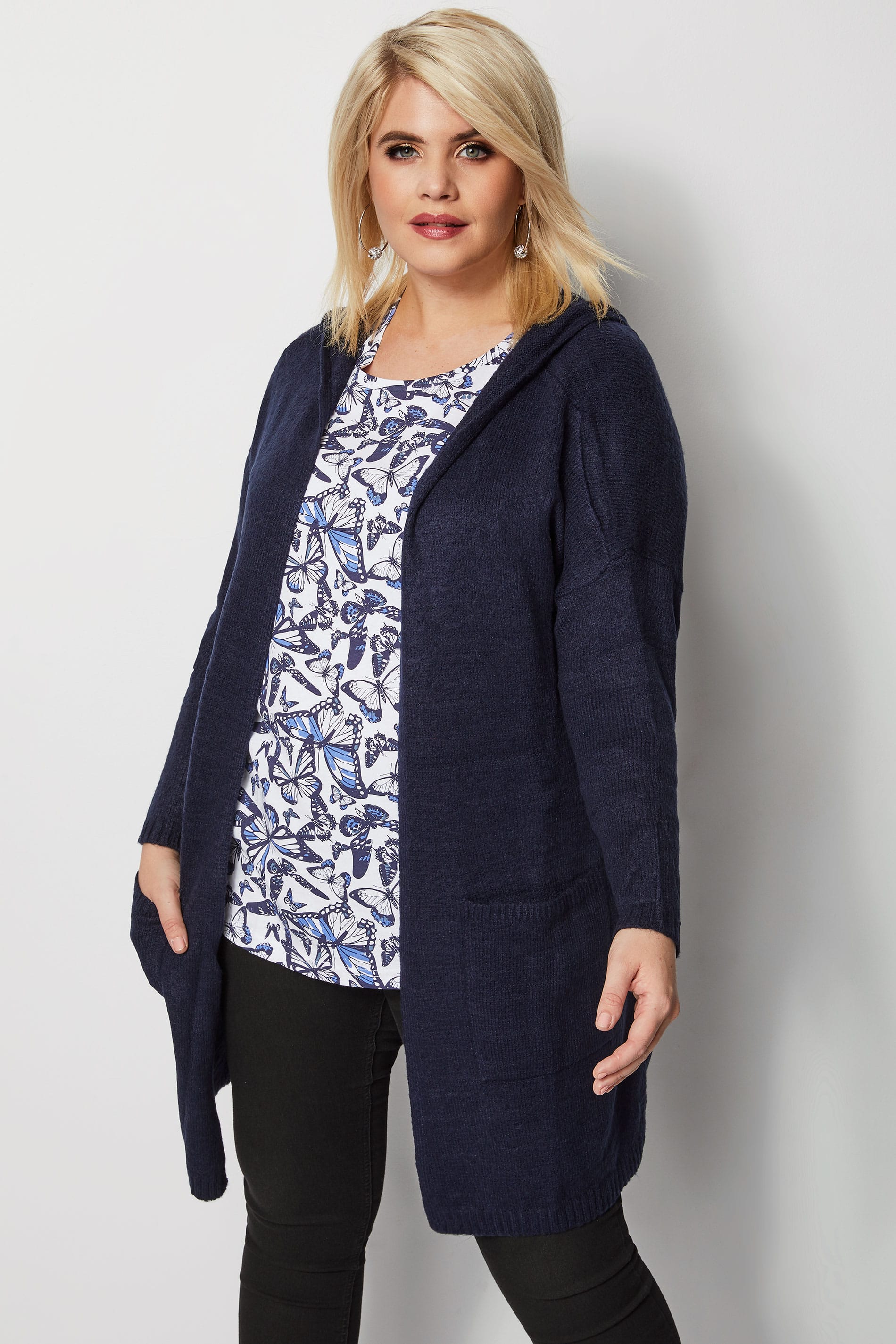 Online plus size navy cardigan with pockets jeans for