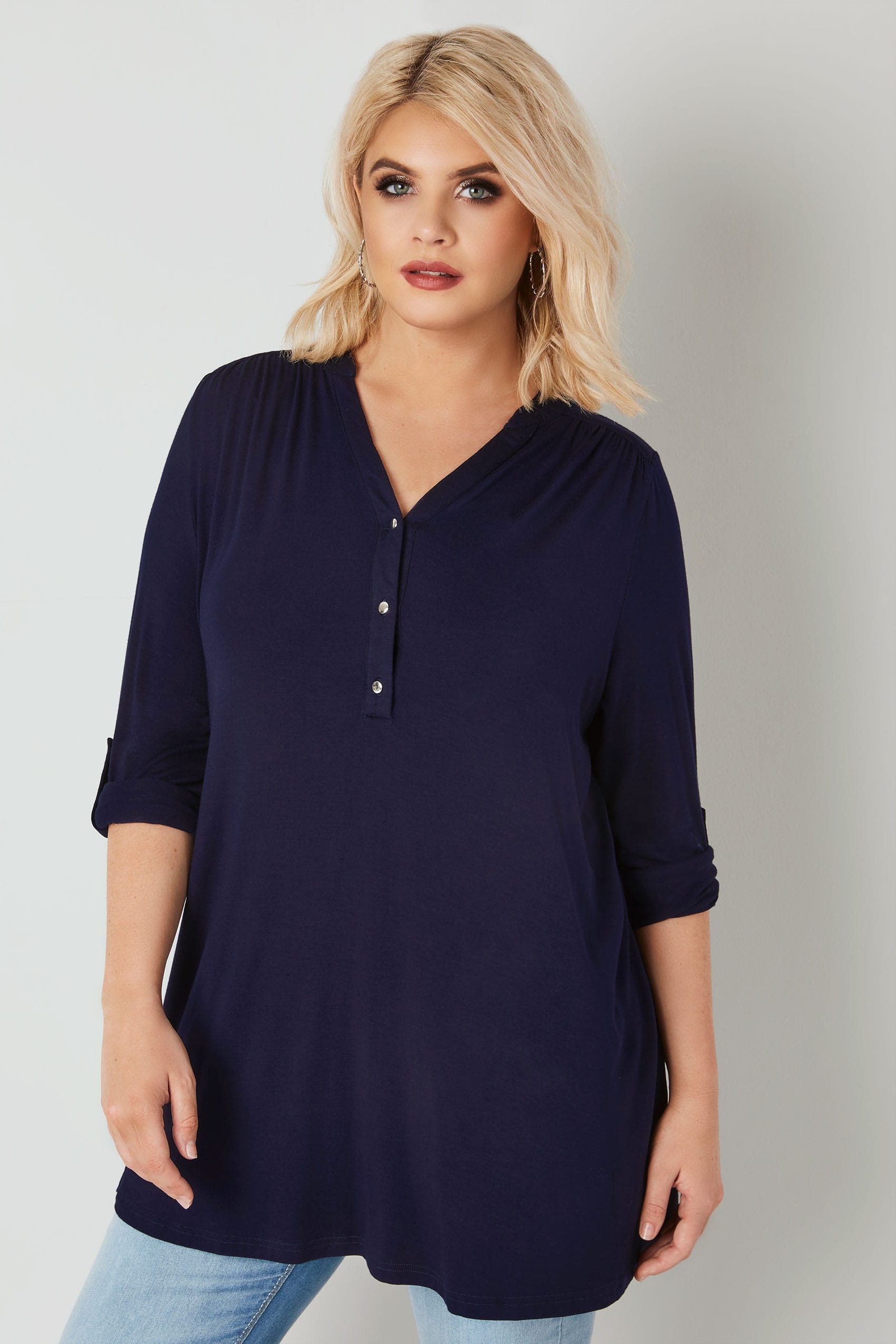 Navy Jersey Shirt With Button Fastenings, Plus size 16 to 36
