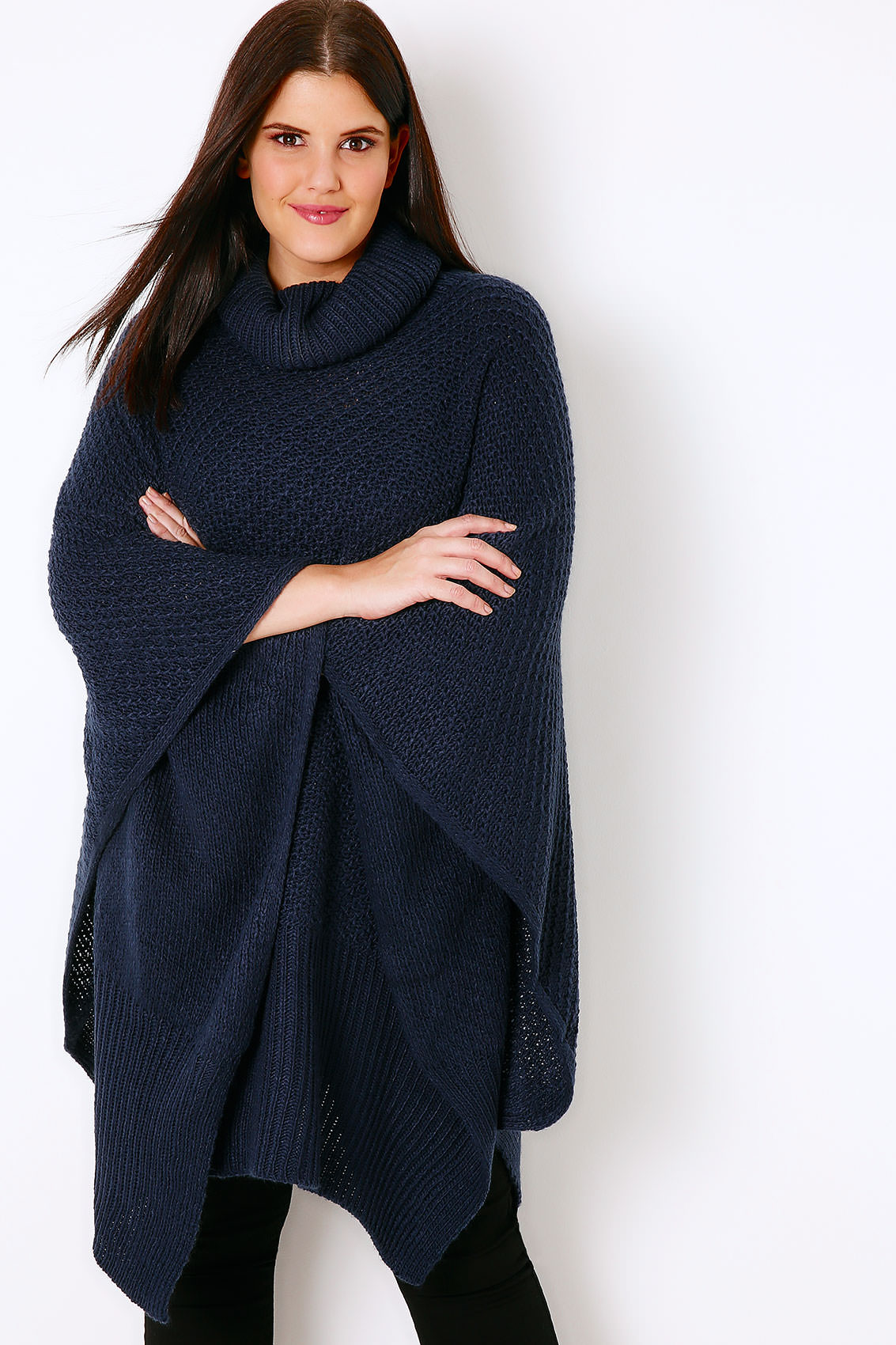 Navy Knitted Cowl Neck Poncho