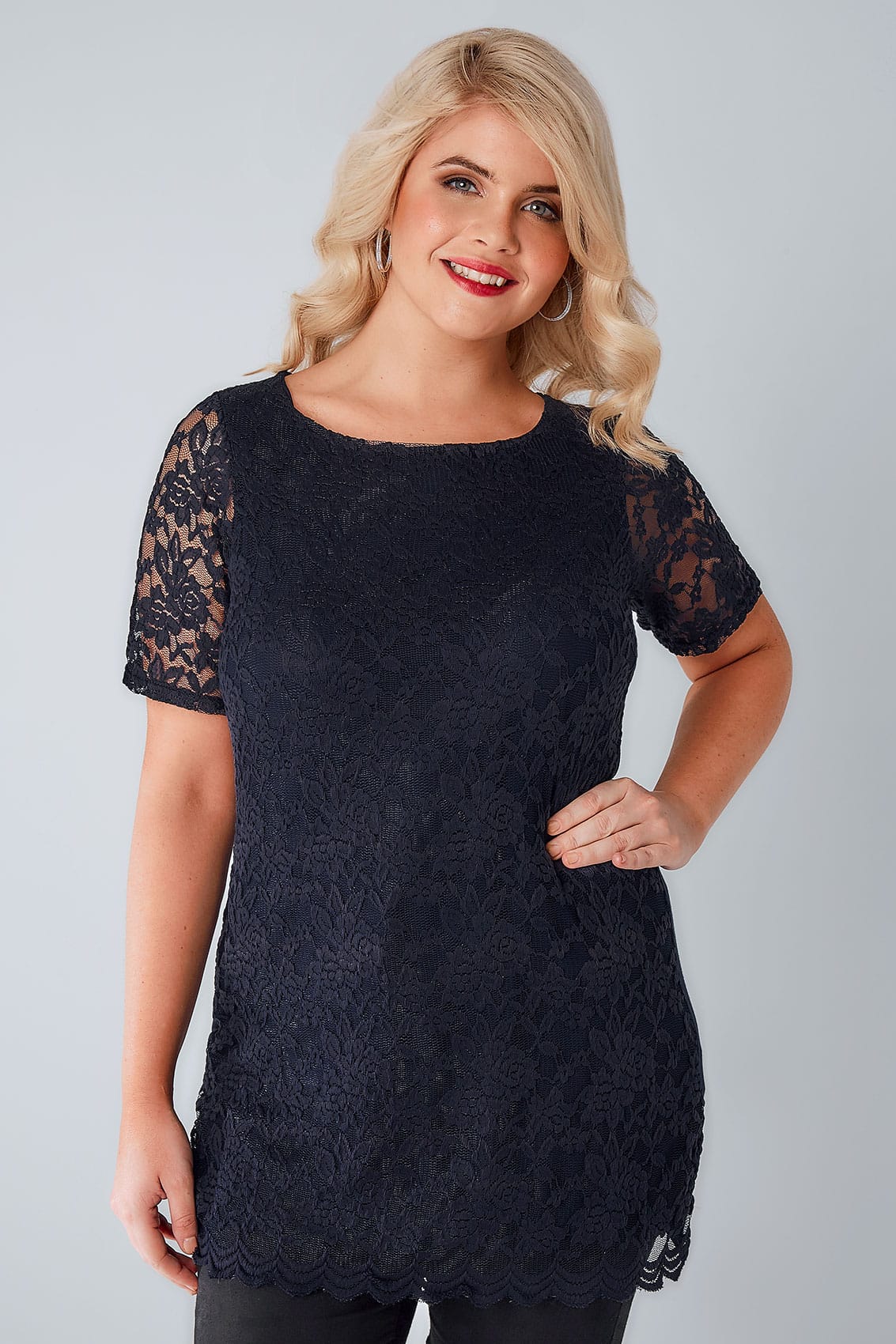 Red Stretch Floral Lace Front Top With Scalloped Hem Plus 