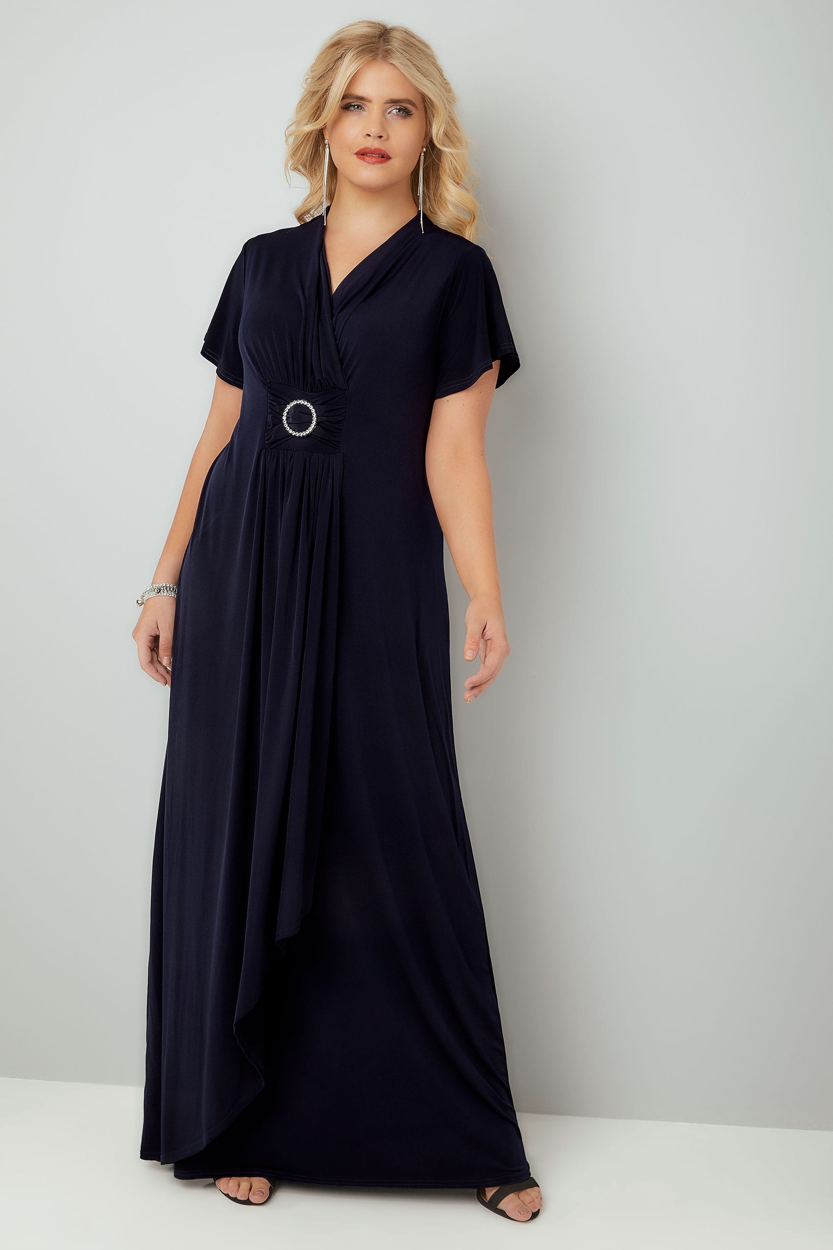 Navy Layered Maxi Dress With Ring Detail, Plus size 16 to 32