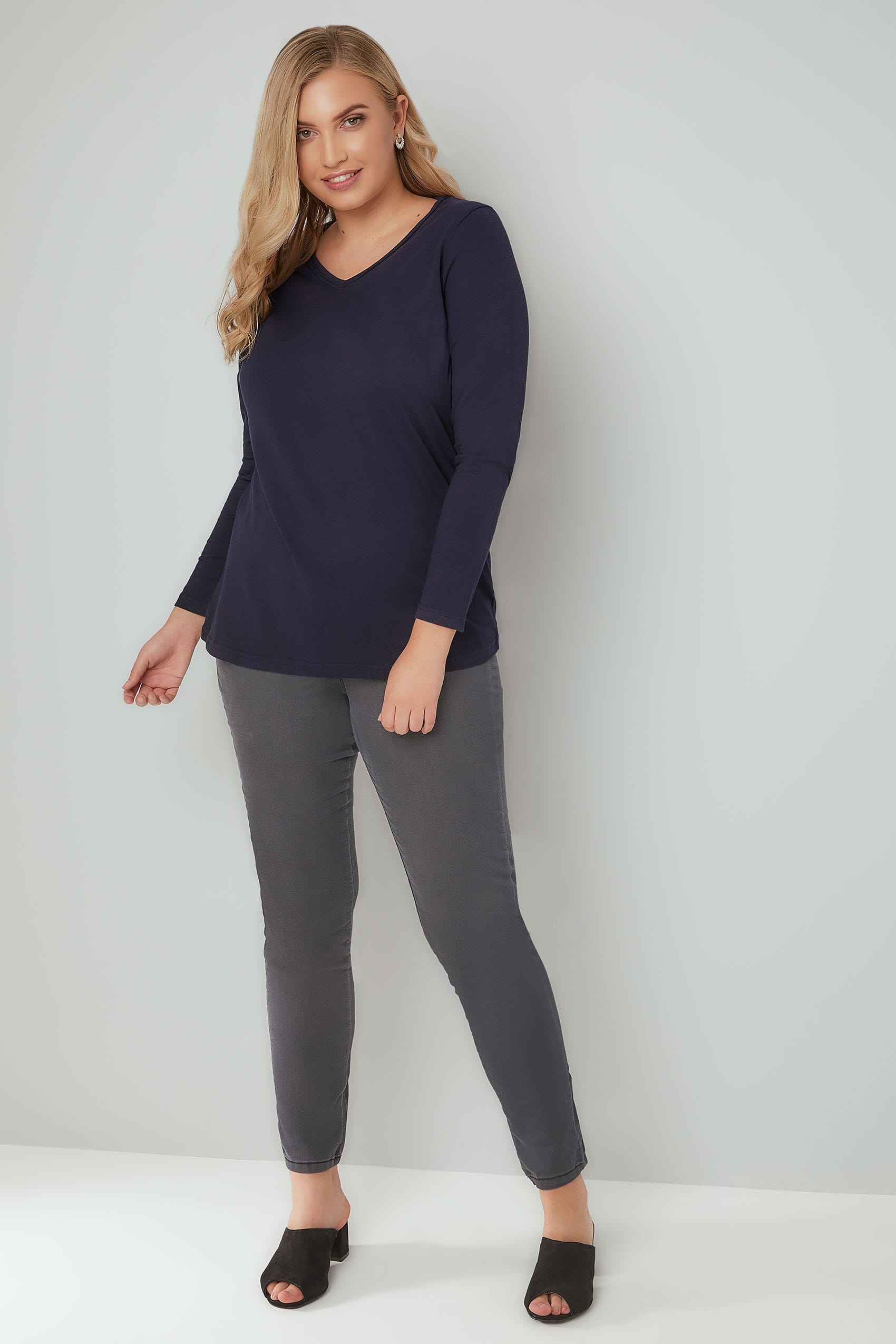 Grey Long Sleeved V-Neck Jersey Top, Plus size 16 to 36