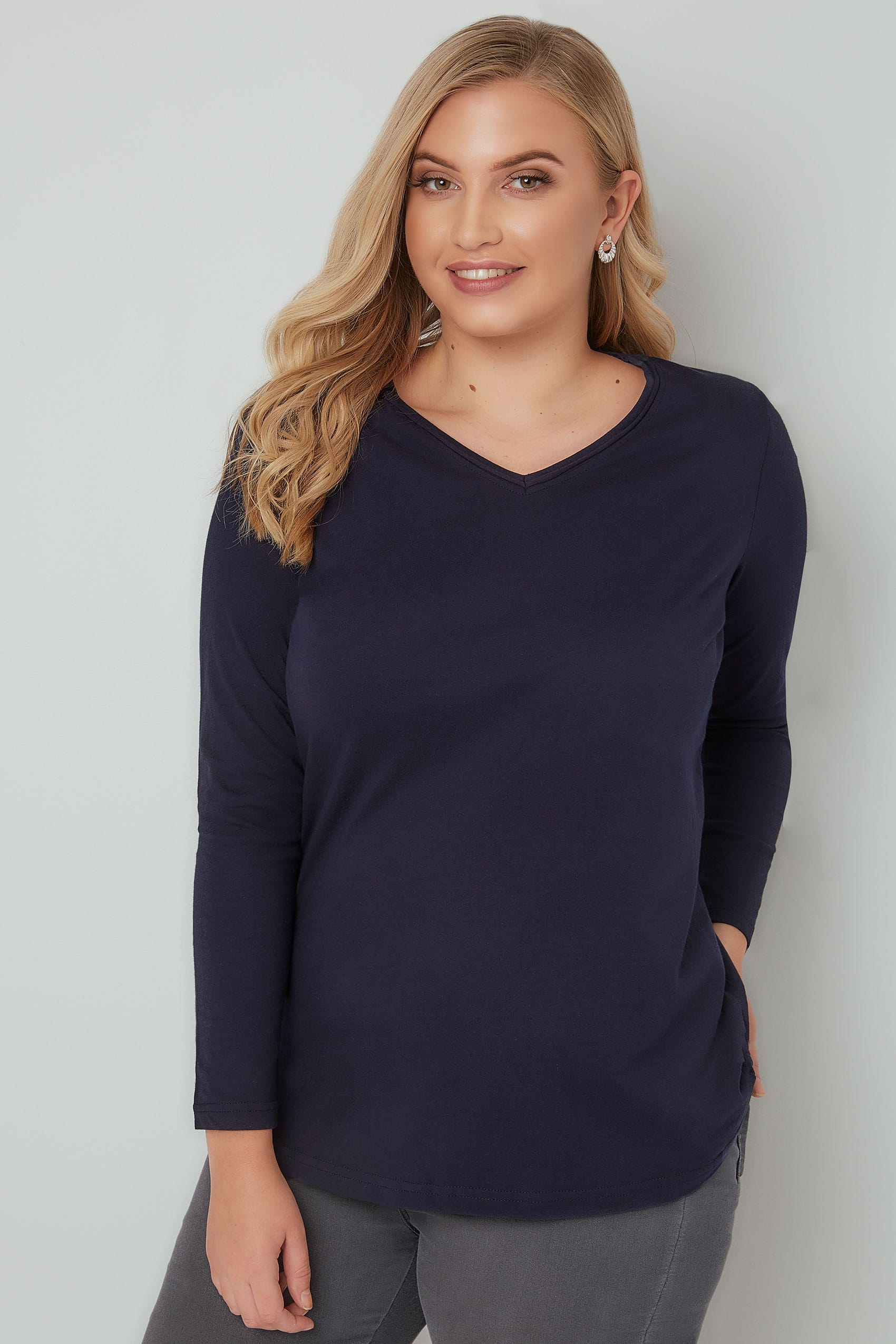 Pink Marl Long Sleeved V-Neck Jersey Top, Plus size 16 to 36