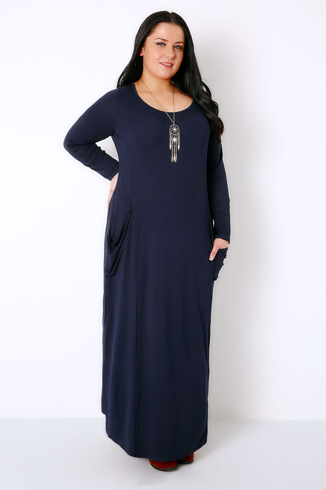 Navy Maxi Dress With Long Sleeves & Drop Pockets, Plus size 16 to 32