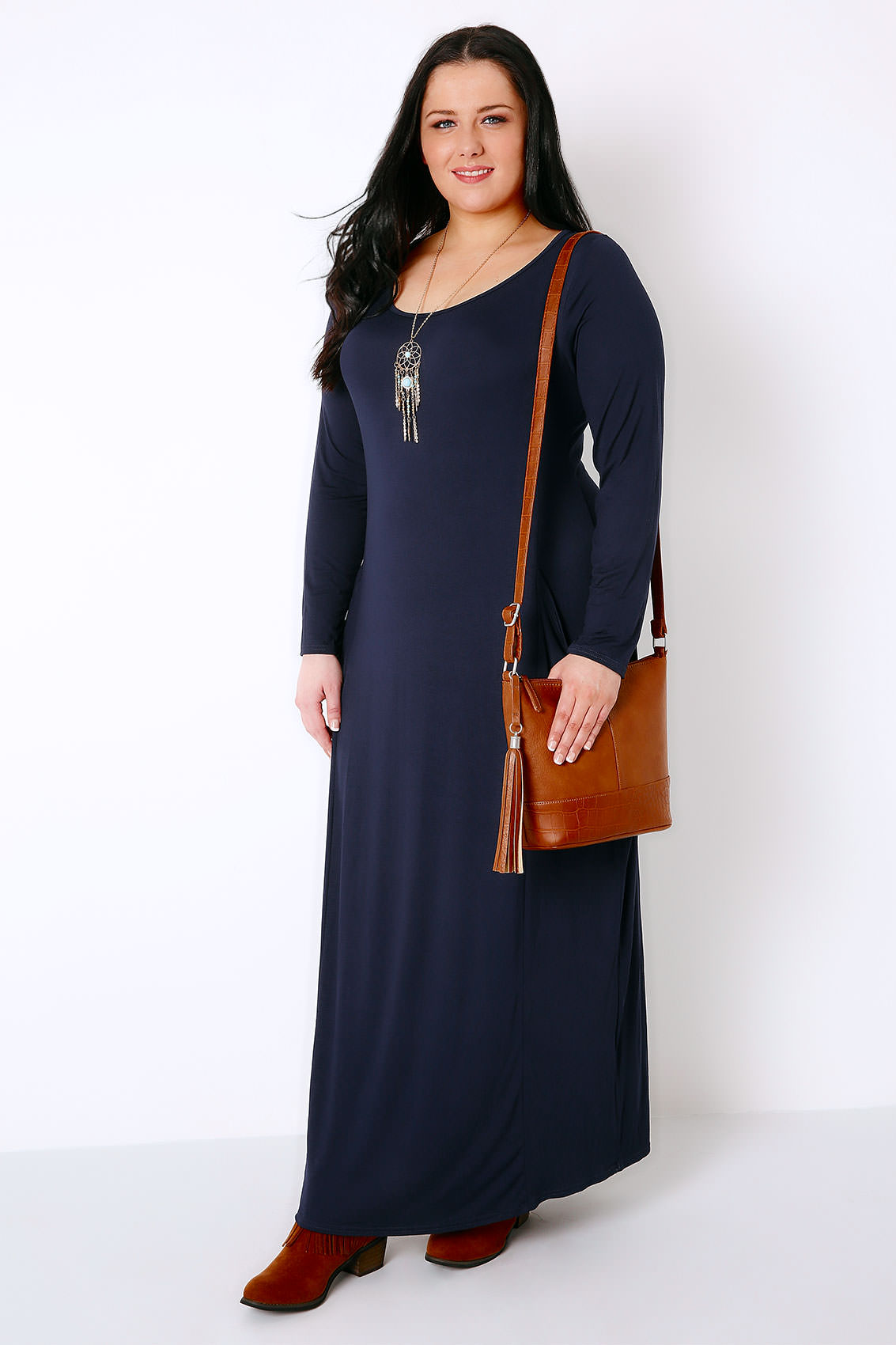 Navy Maxi Dress With Long Sleeves & Drop Pockets, Plus size 16 to 32