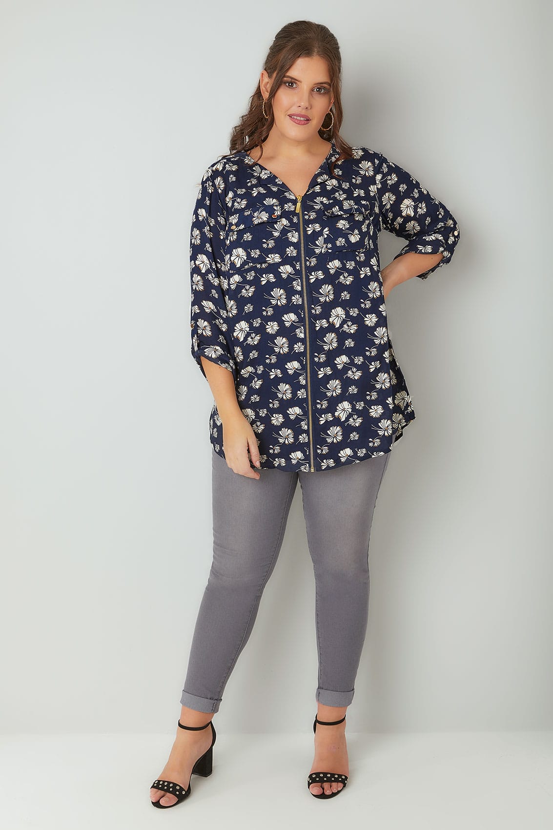 Navy & Multi Floral Print Blouse With Zip Front, Plus size 16 to 32