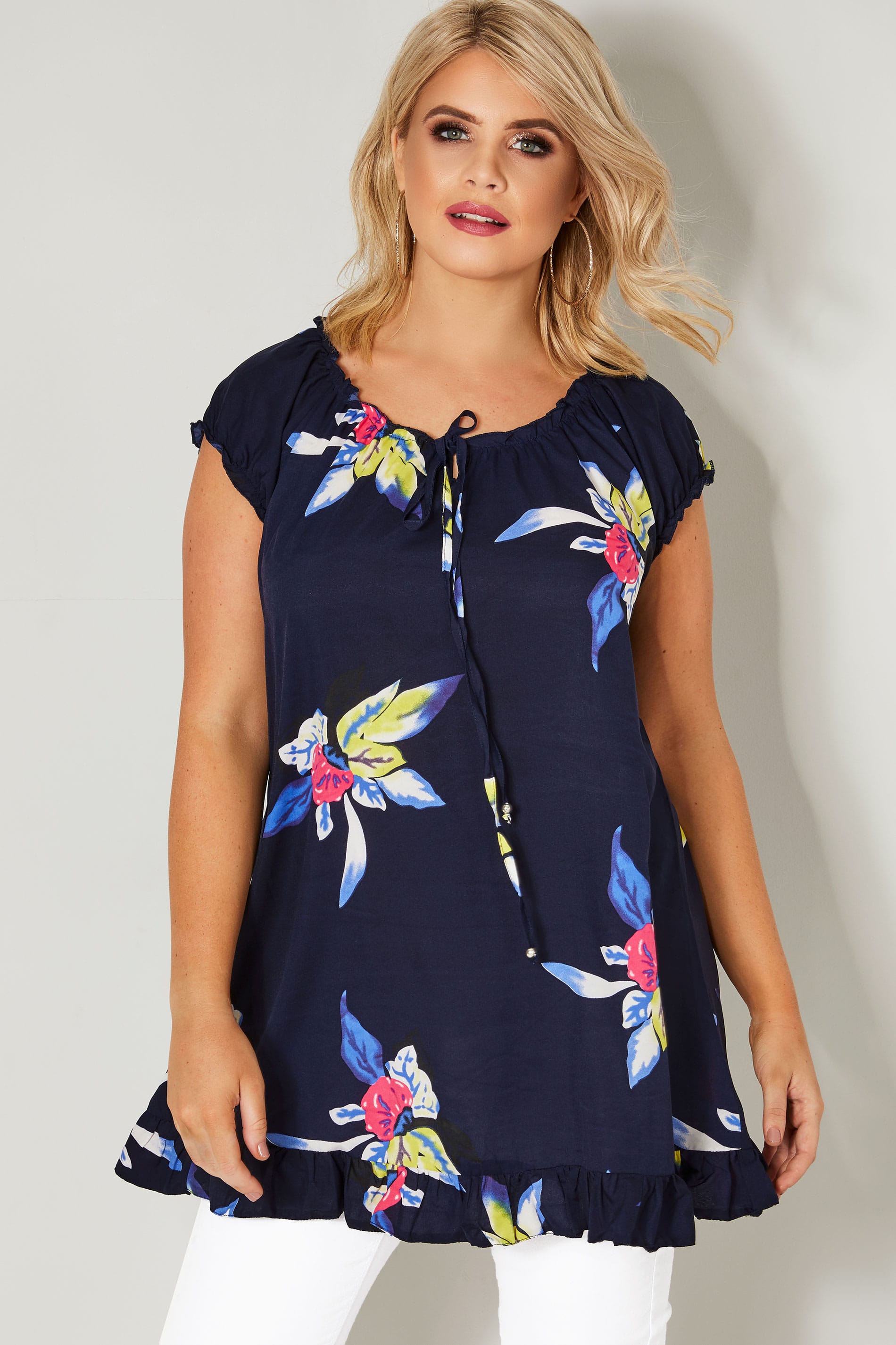Navy & Multi Floral Print Gypsy Top With Frill Hem & Tie Neck, Plus ...