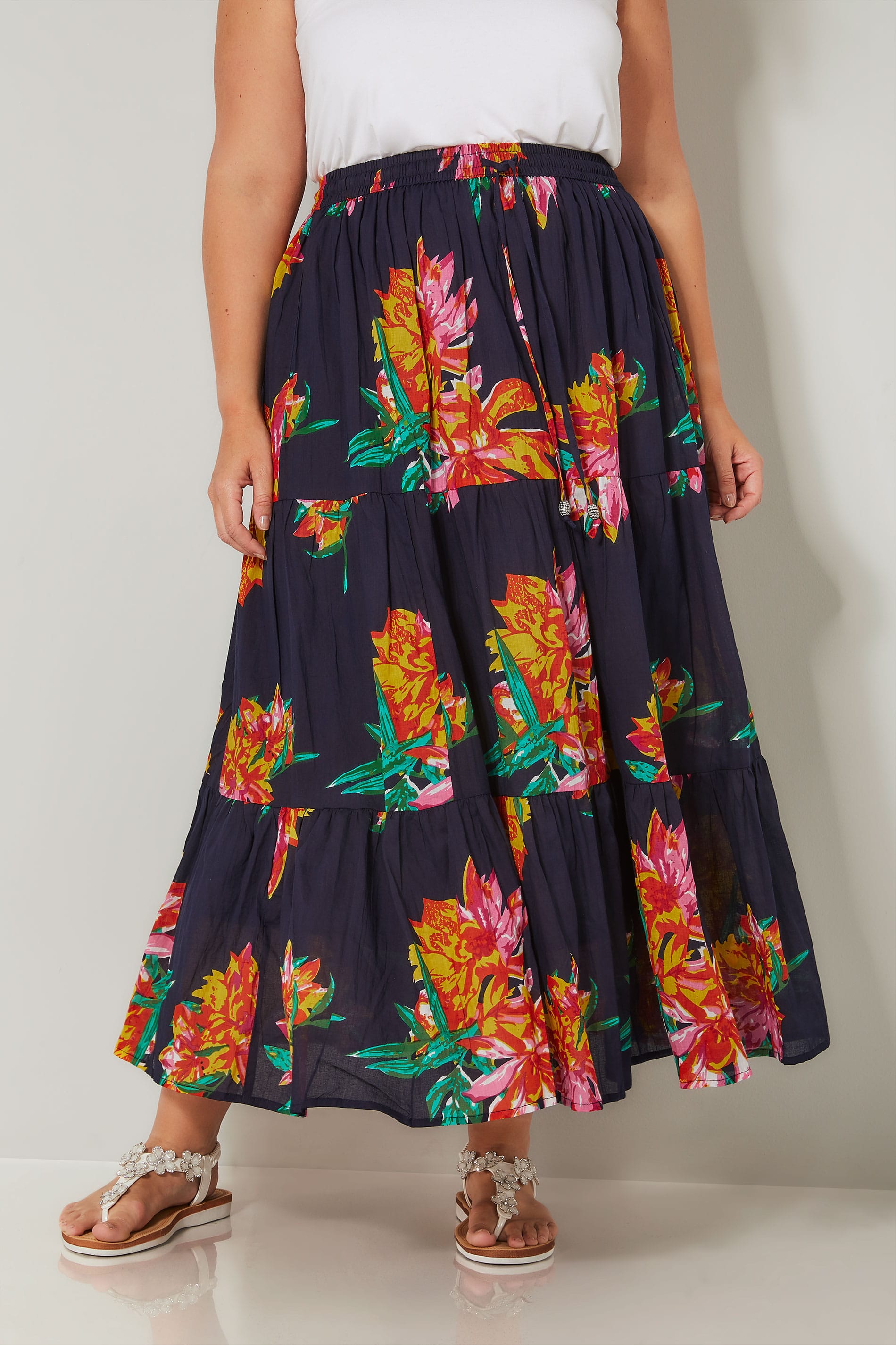 Navy & Multi Floral Print Tiered Maxi Skirt, plus size 16 to 36