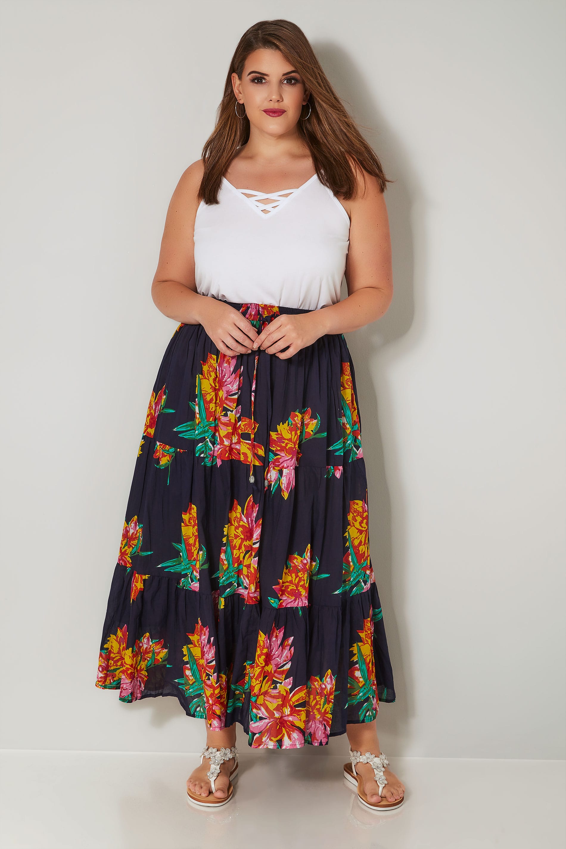 Navy & Multi Floral Print Tiered Maxi Skirt, plus size 16 to 36