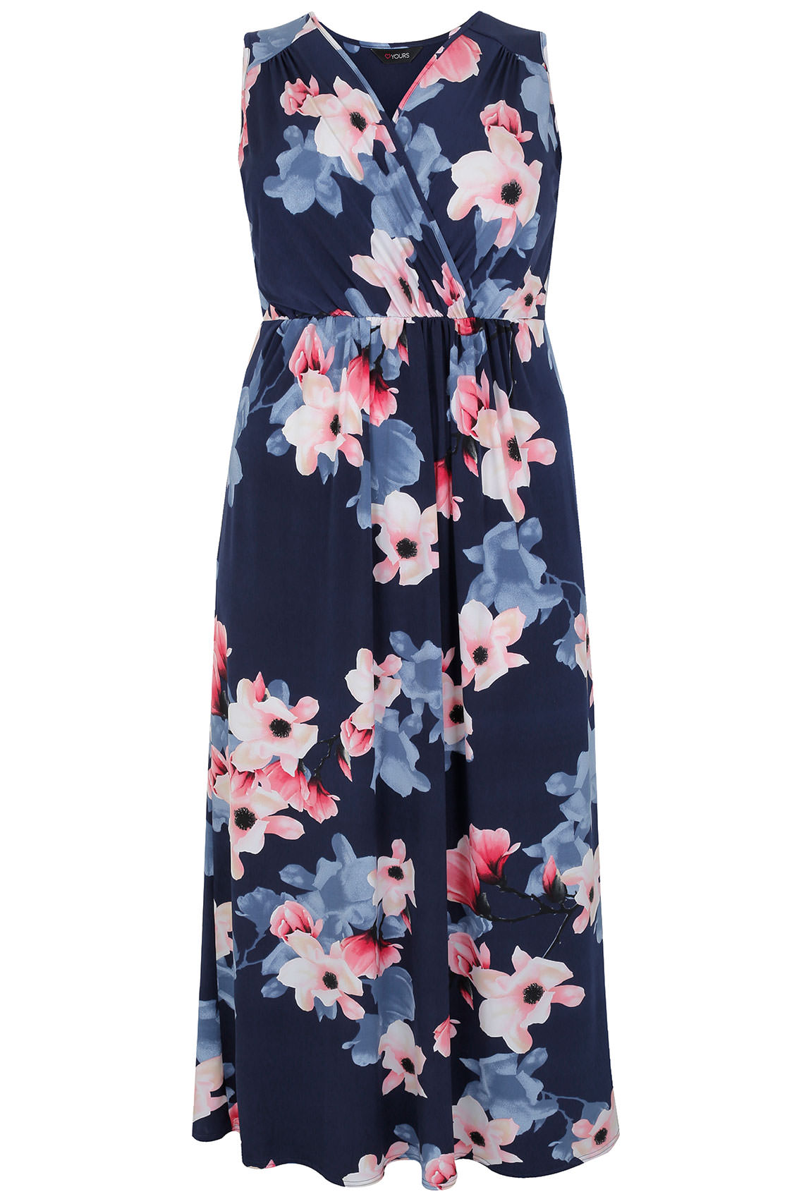 Navy & Multi Floral Print Wrap Maxi Dress, Plus size 16 to 36
